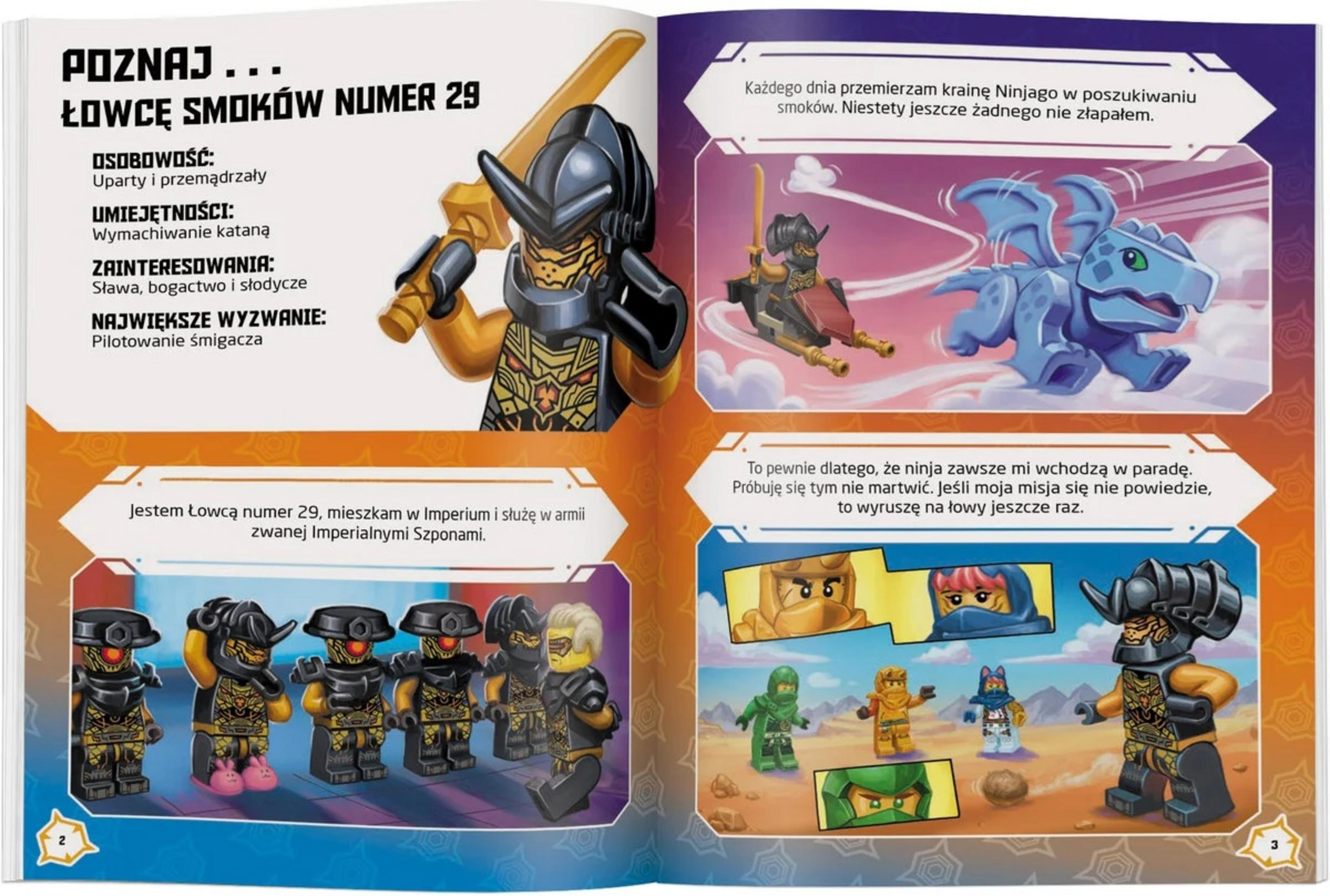 Książka o postaciach Ninjago z figurkami Lego i smokami.