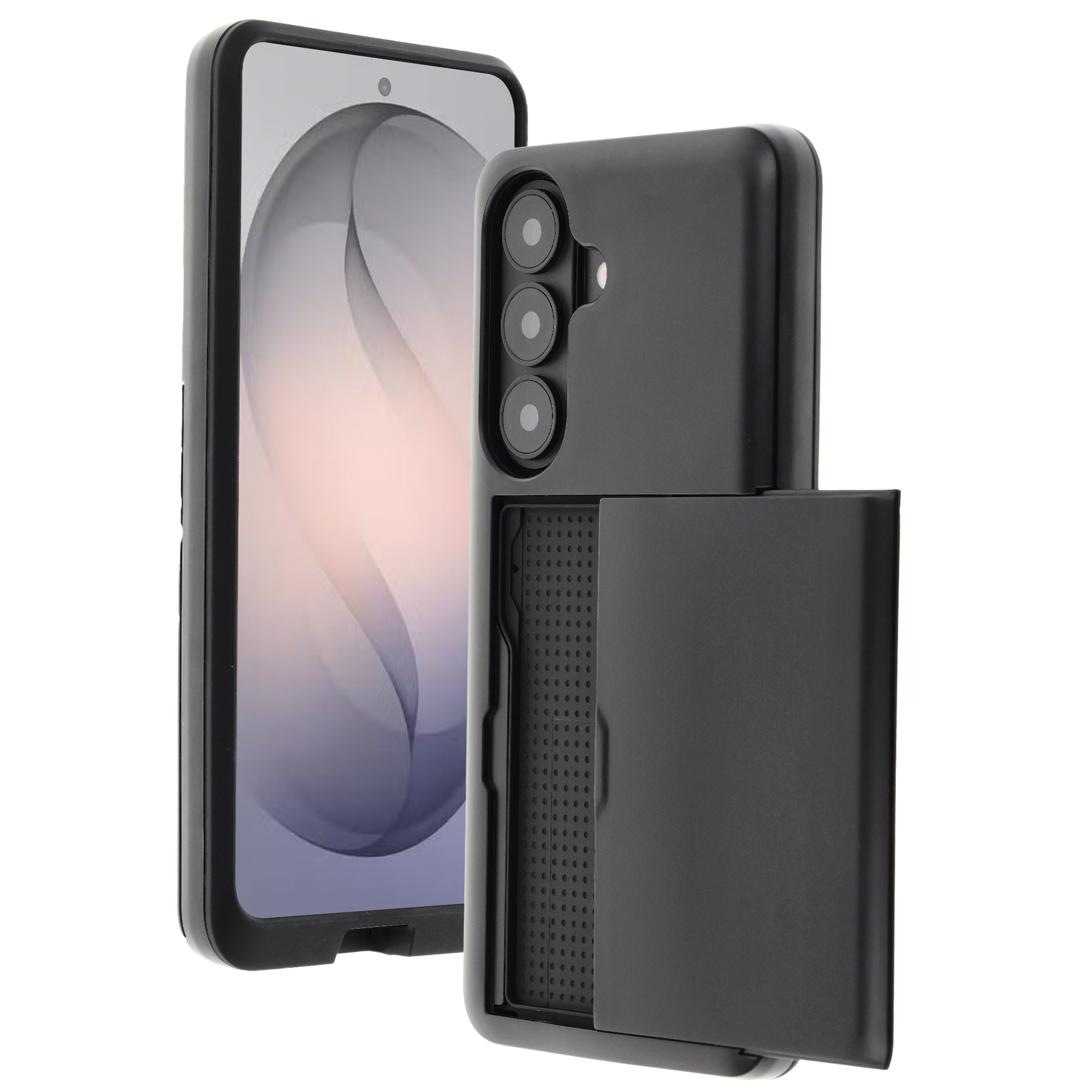 Smartphone noir avec trois caméras et compartiment coulissant pour cartes.