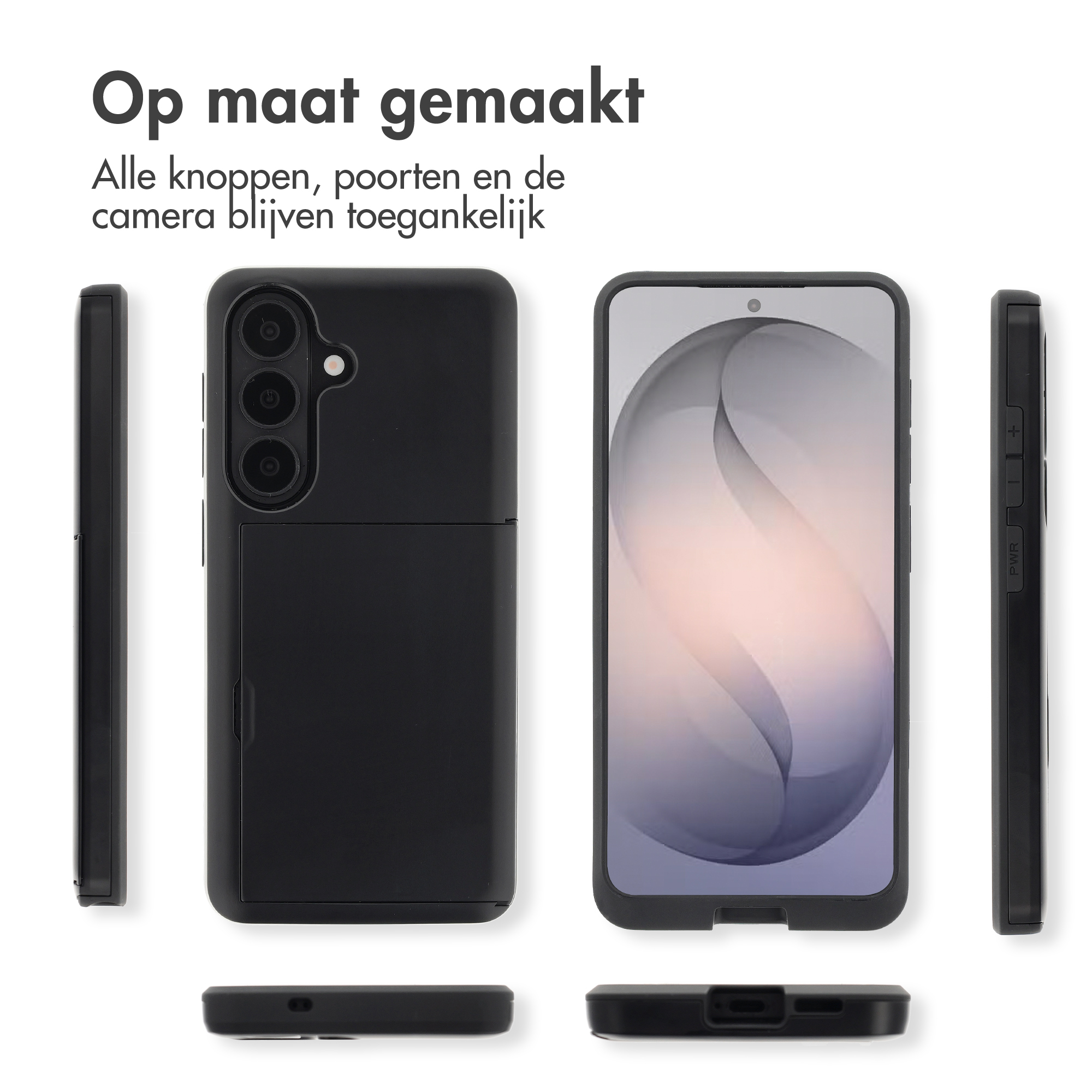 Coque de téléphone noire vue de côté, dos et avant avec écran.