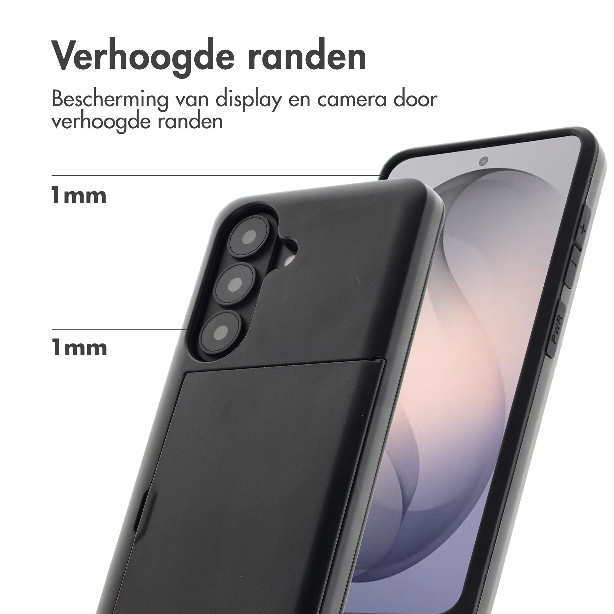 Étui noir pour téléphone avec bords surélevés de 1mm protégeant écran et objectifs.