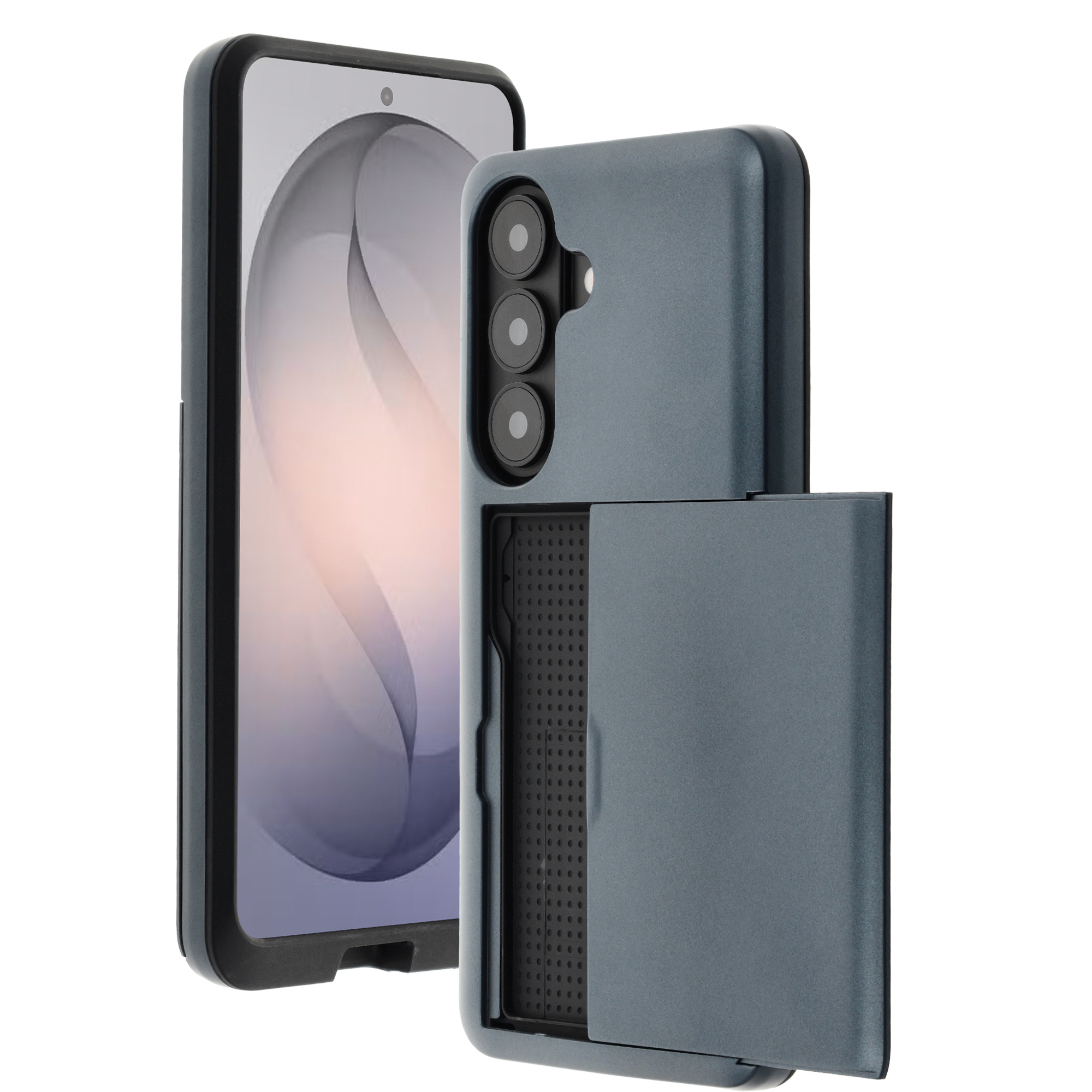 Un téléphone gris avec un étui portefeuille doté d'un rabat.