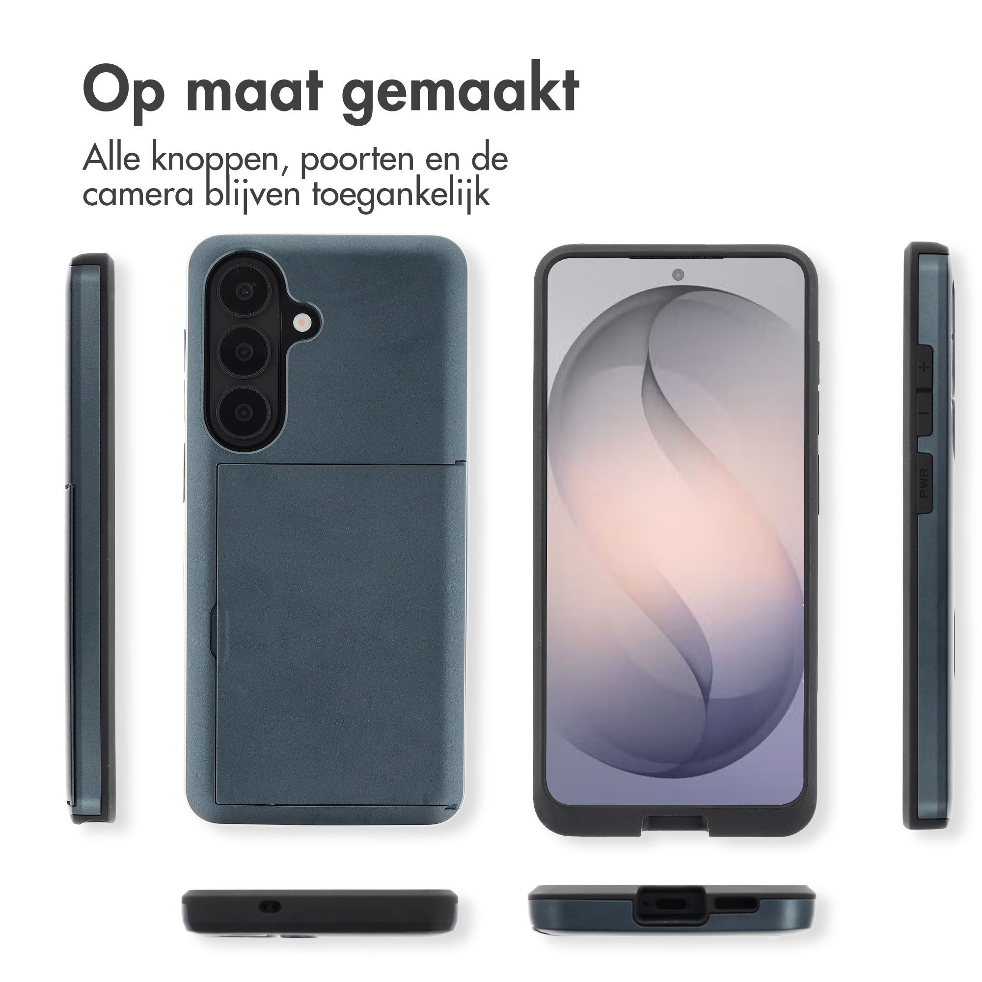 Coque de téléphone gris foncé vue sous plusieurs angles avec téléphone.