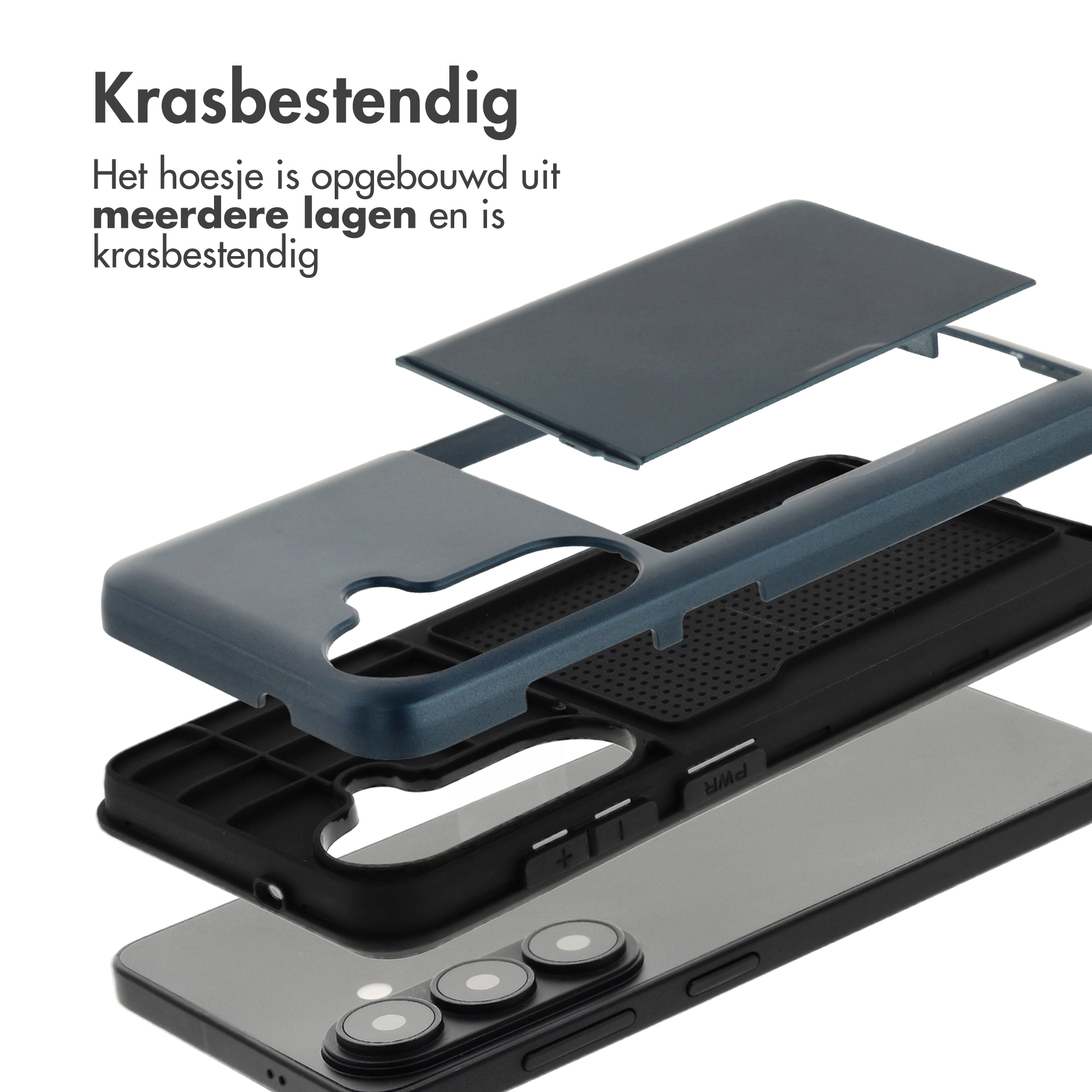 Vue éclatée d'une coque de téléphone bleu foncé, montrant plusieurs couches.