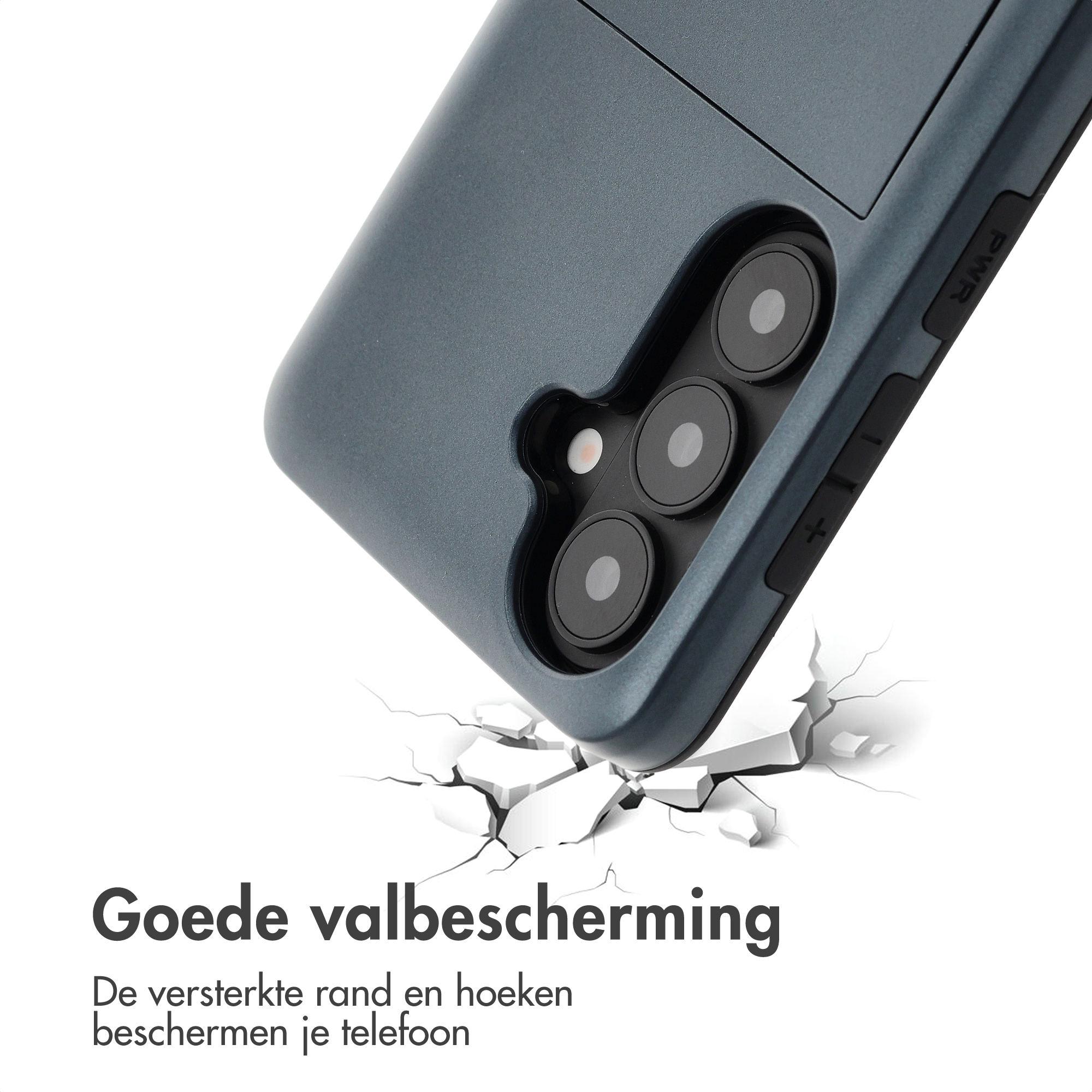 Coque de téléphone grise traversant une surface blanche, gros plan des caméras.