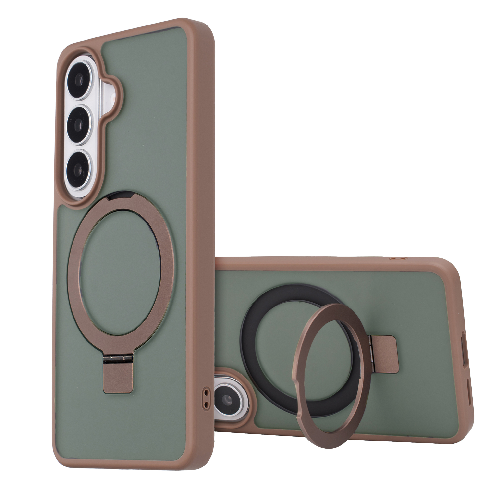 Twee groene telefoonhoesjes met bruine rand en ringhouder.