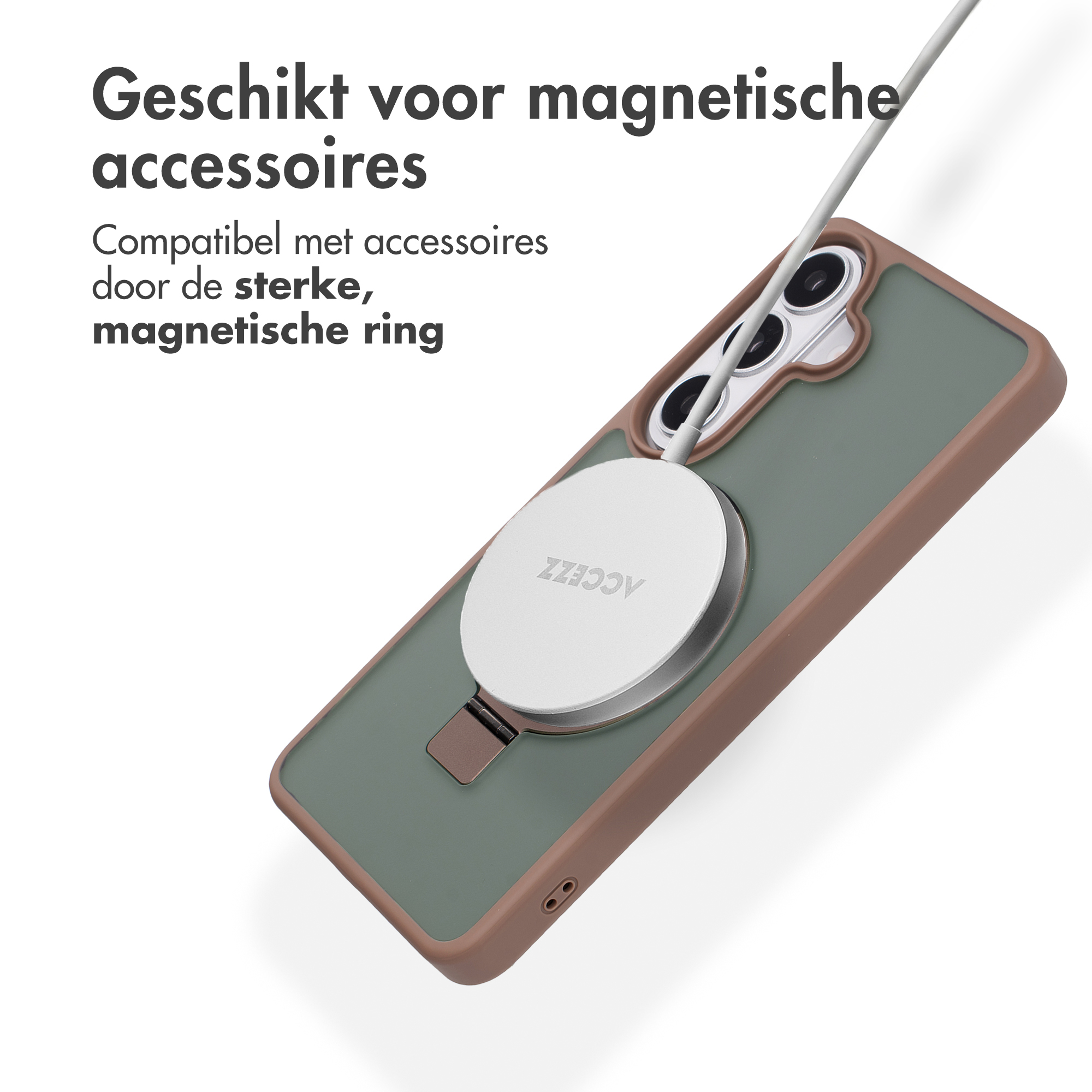 Groene telefoonhoes met bruine rand, magneetring en kabel.