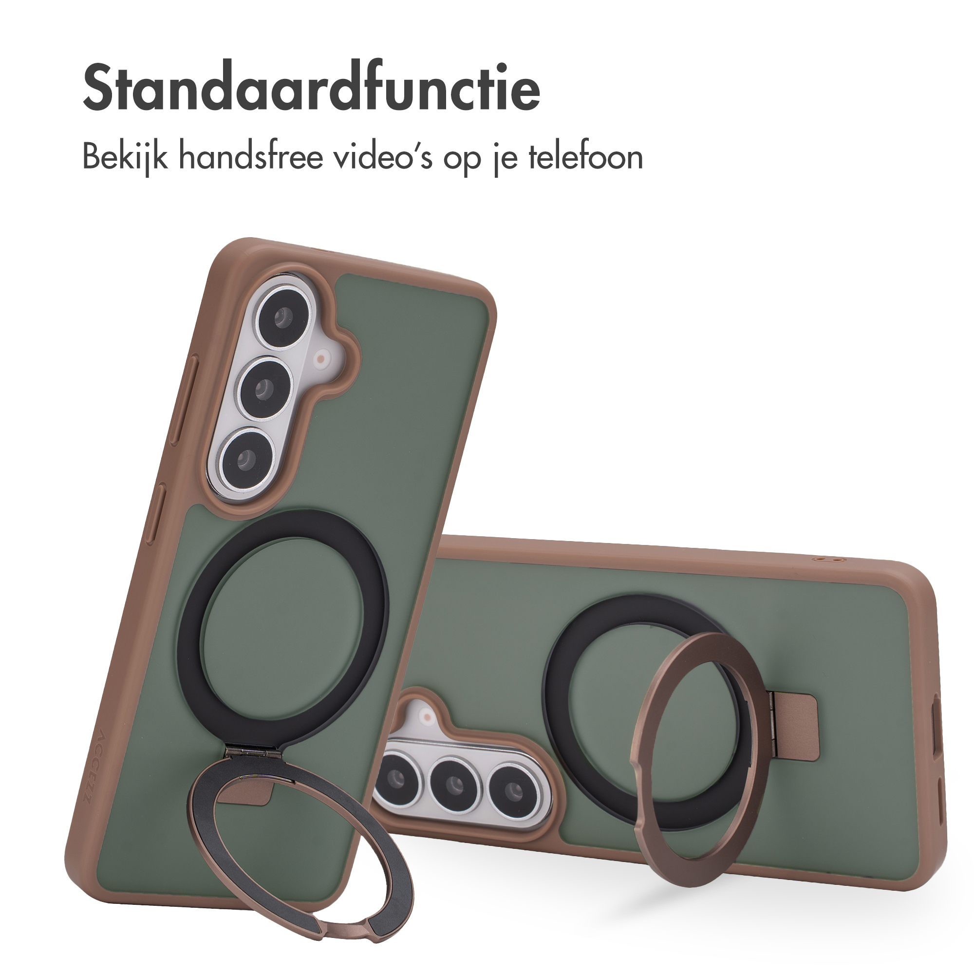 Twee groene telefoonhoesjes met bruine randen en ringhouders.