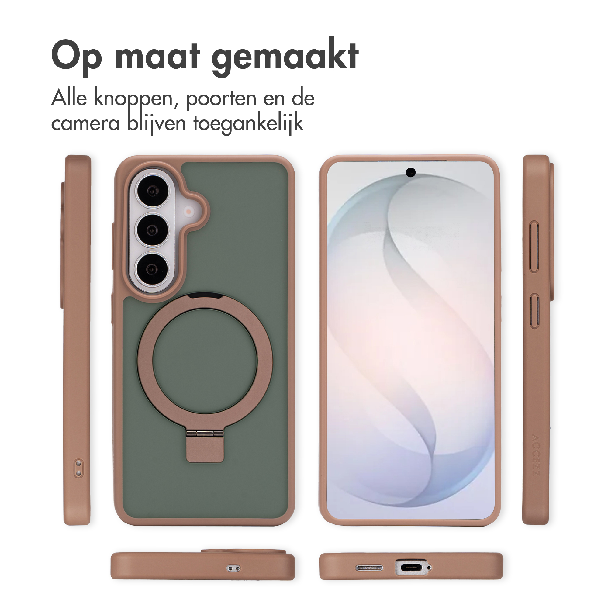 Een bruine telefoonhoes met groene inzet en ringhouder, voor- en zijaanzichten.