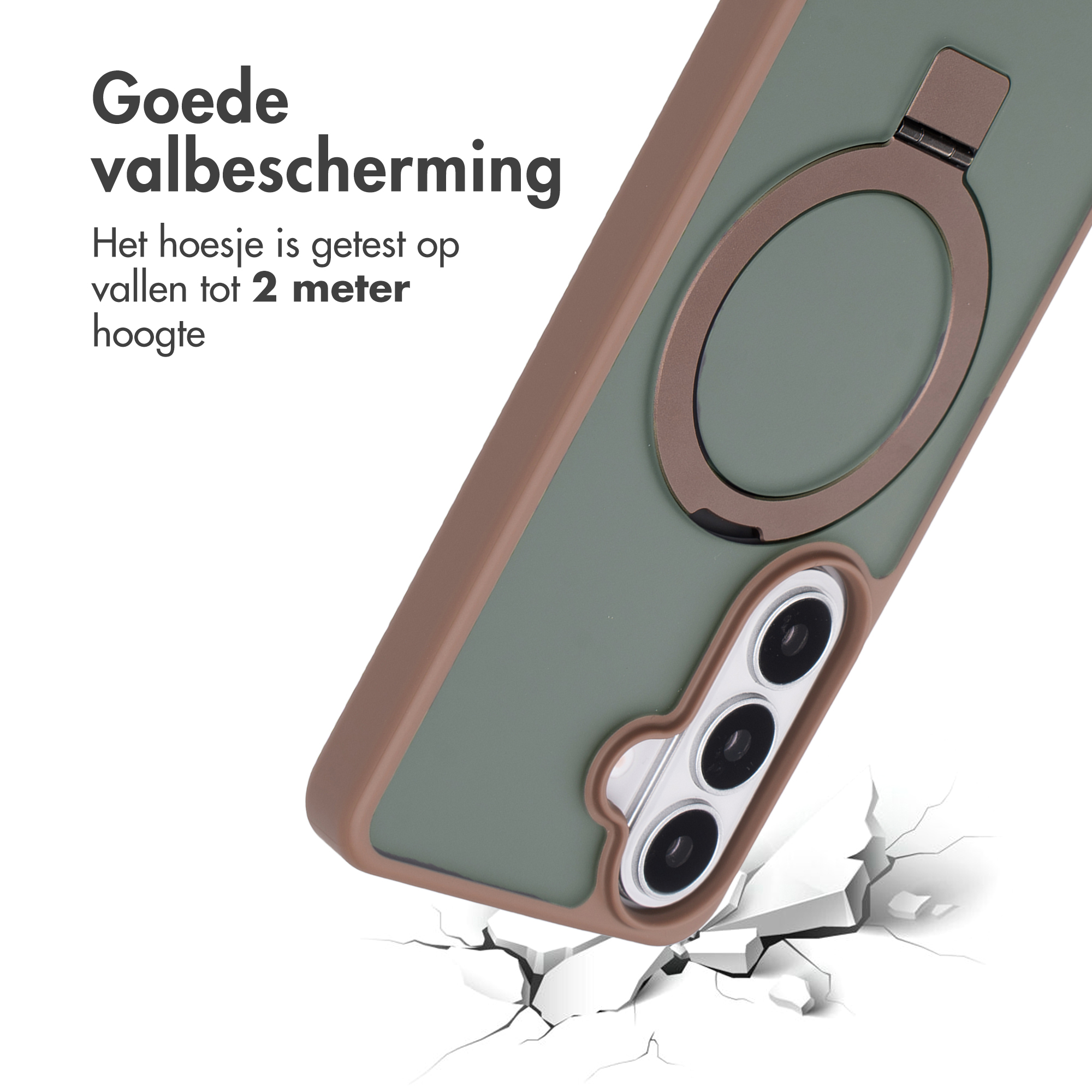 Groene telefoonhoes met bruine rand valt op gebarsten grond.