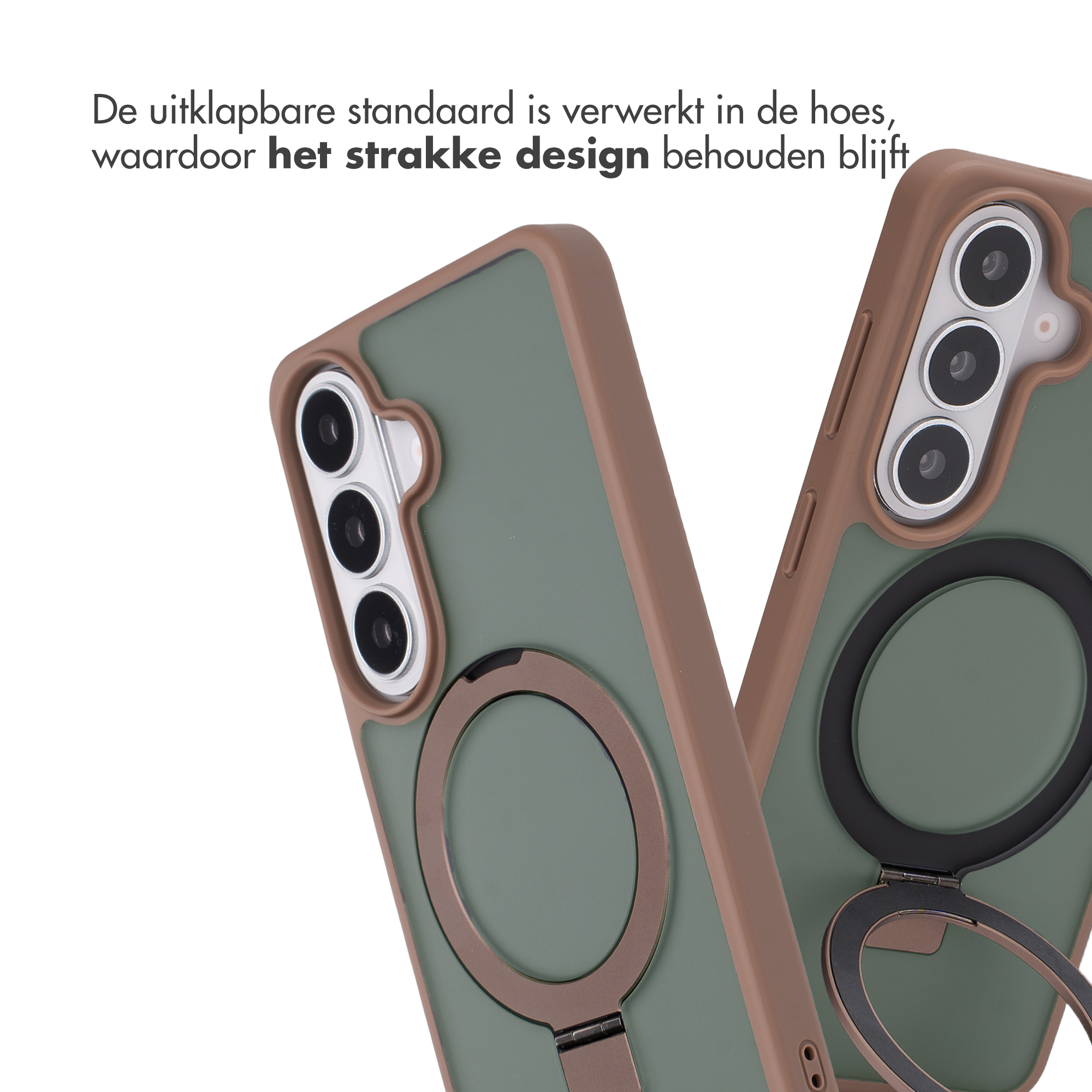 Twee telefoonhoesjes in bruin en groen met ringstandaard.
