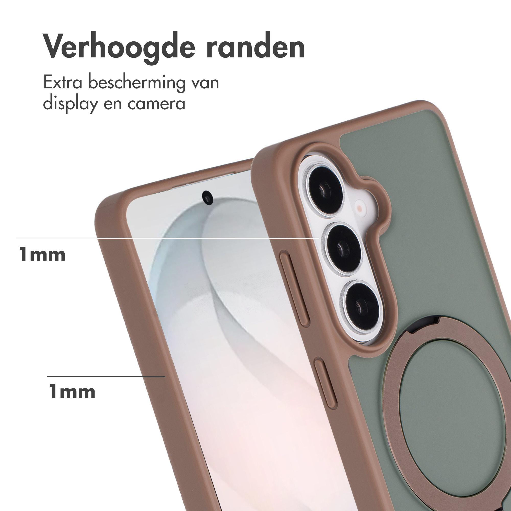 Een groene telefoonhoes met bruine rand en ringhouder.