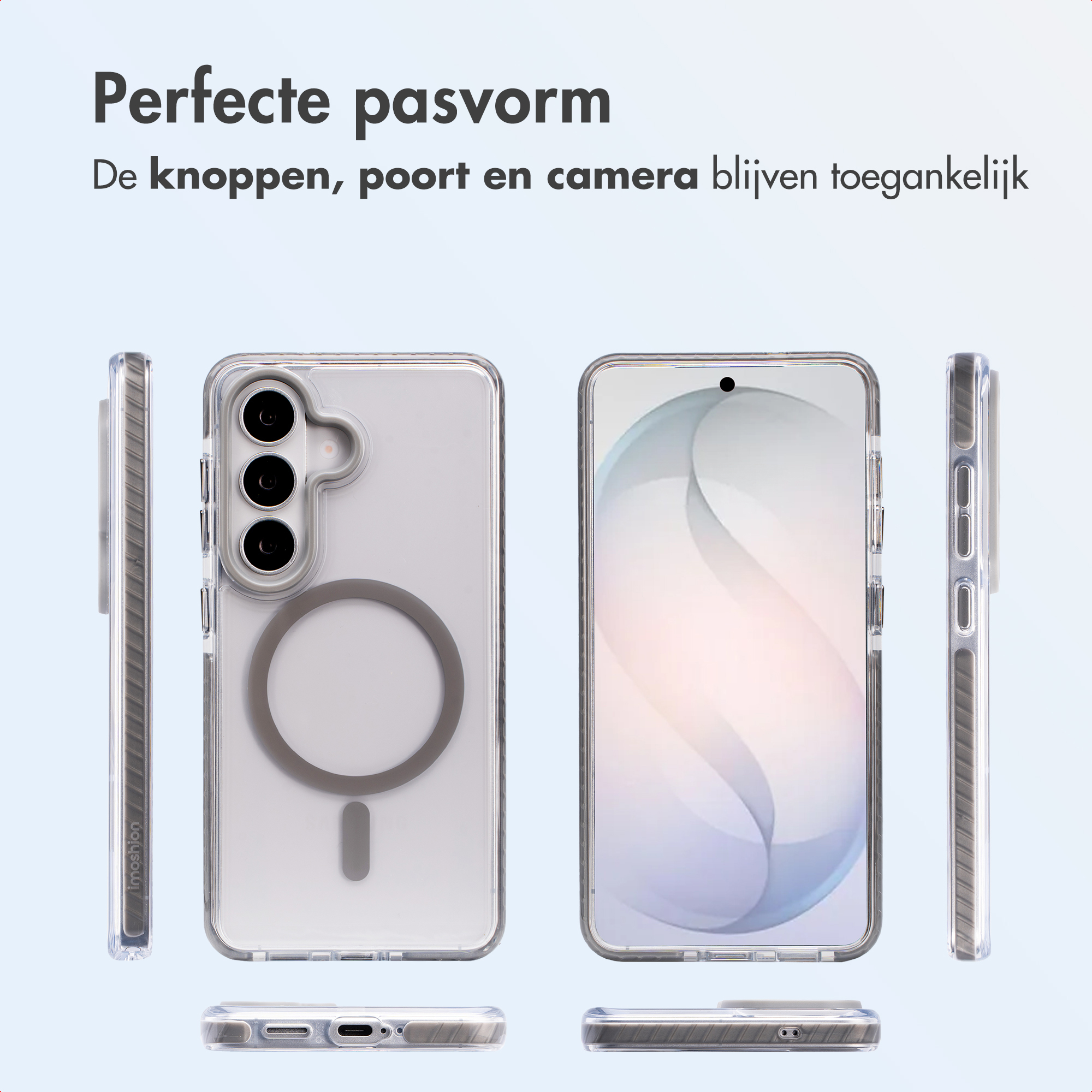 Transparante telefoonhoes met MagSafe ring en telefoonweergaven.