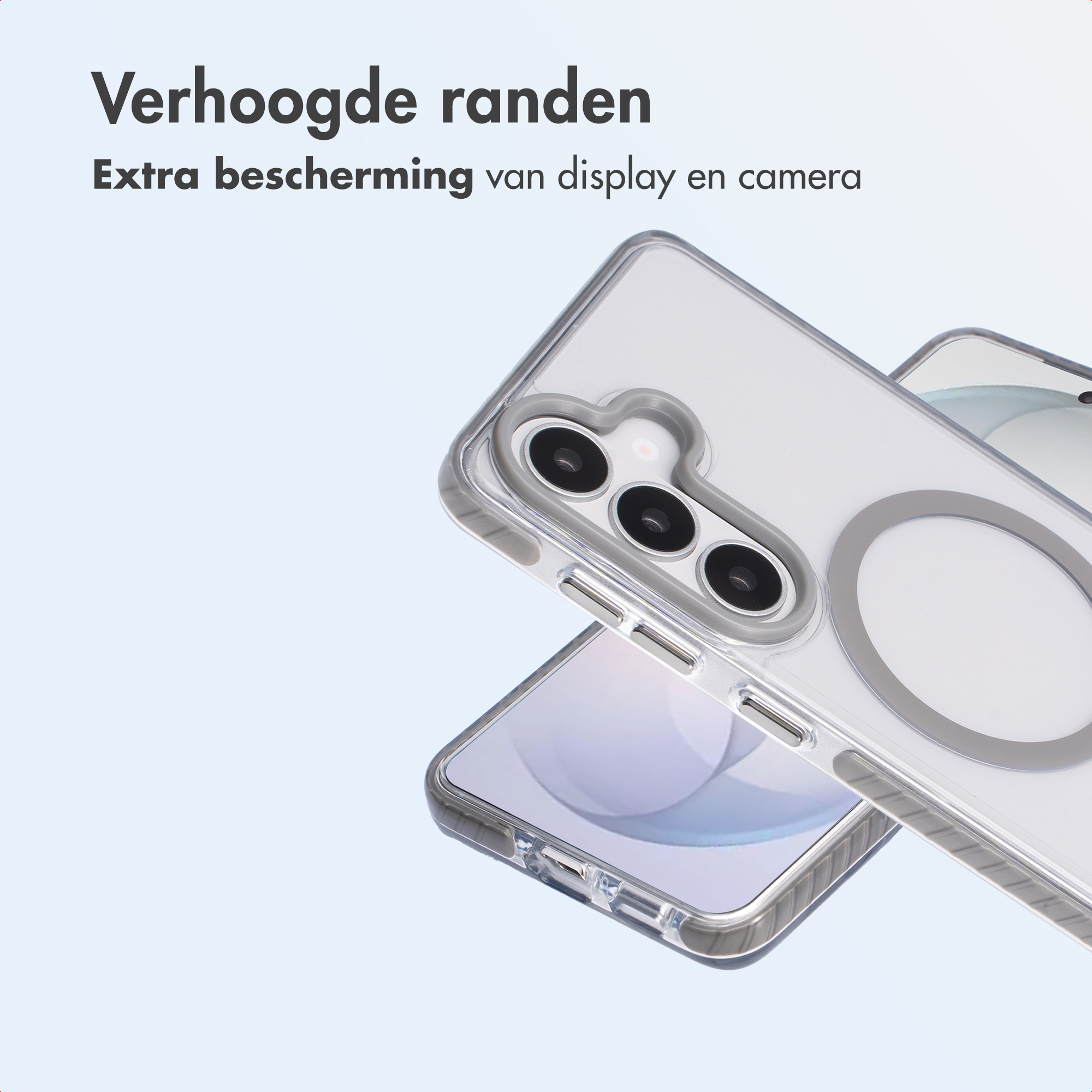 Transparante telefoonhoes met verhoogde randen voor display- en camerabescherming.