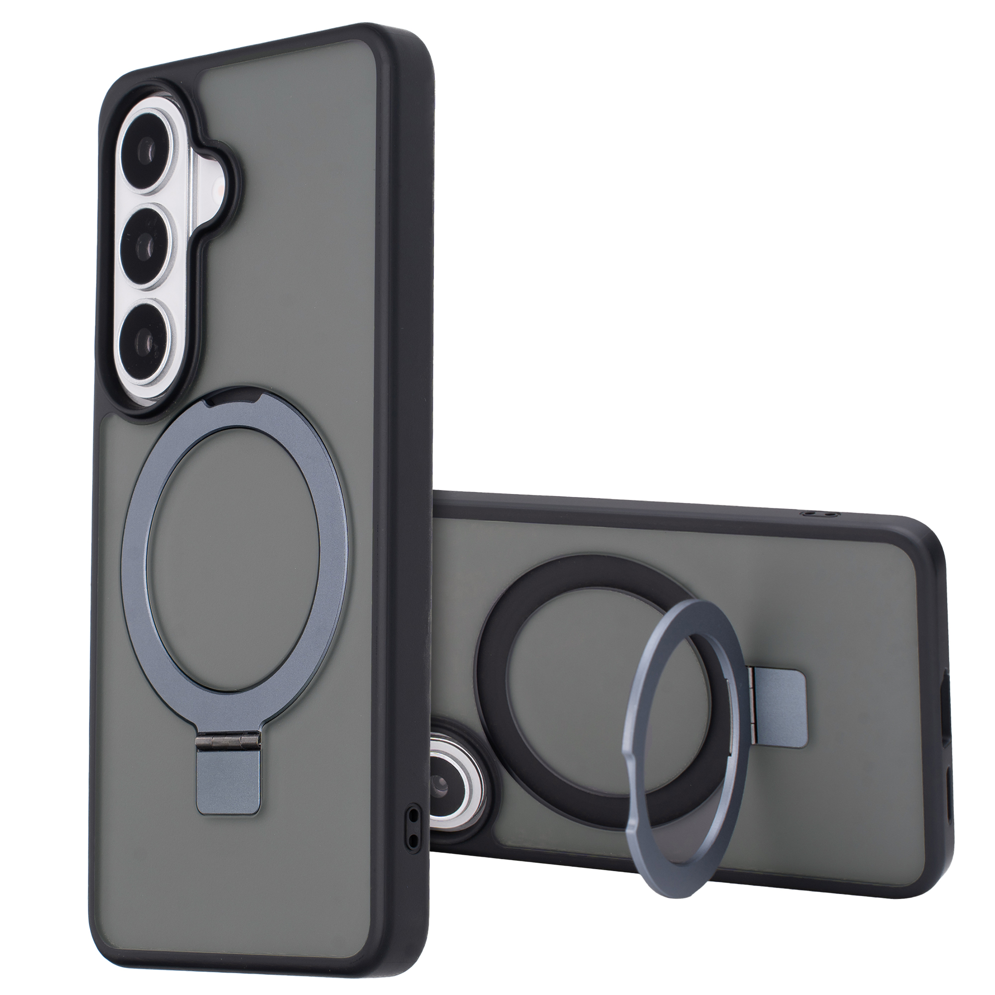 Deux coques de téléphone grises avec anneaux et découpes pour appareil photo.