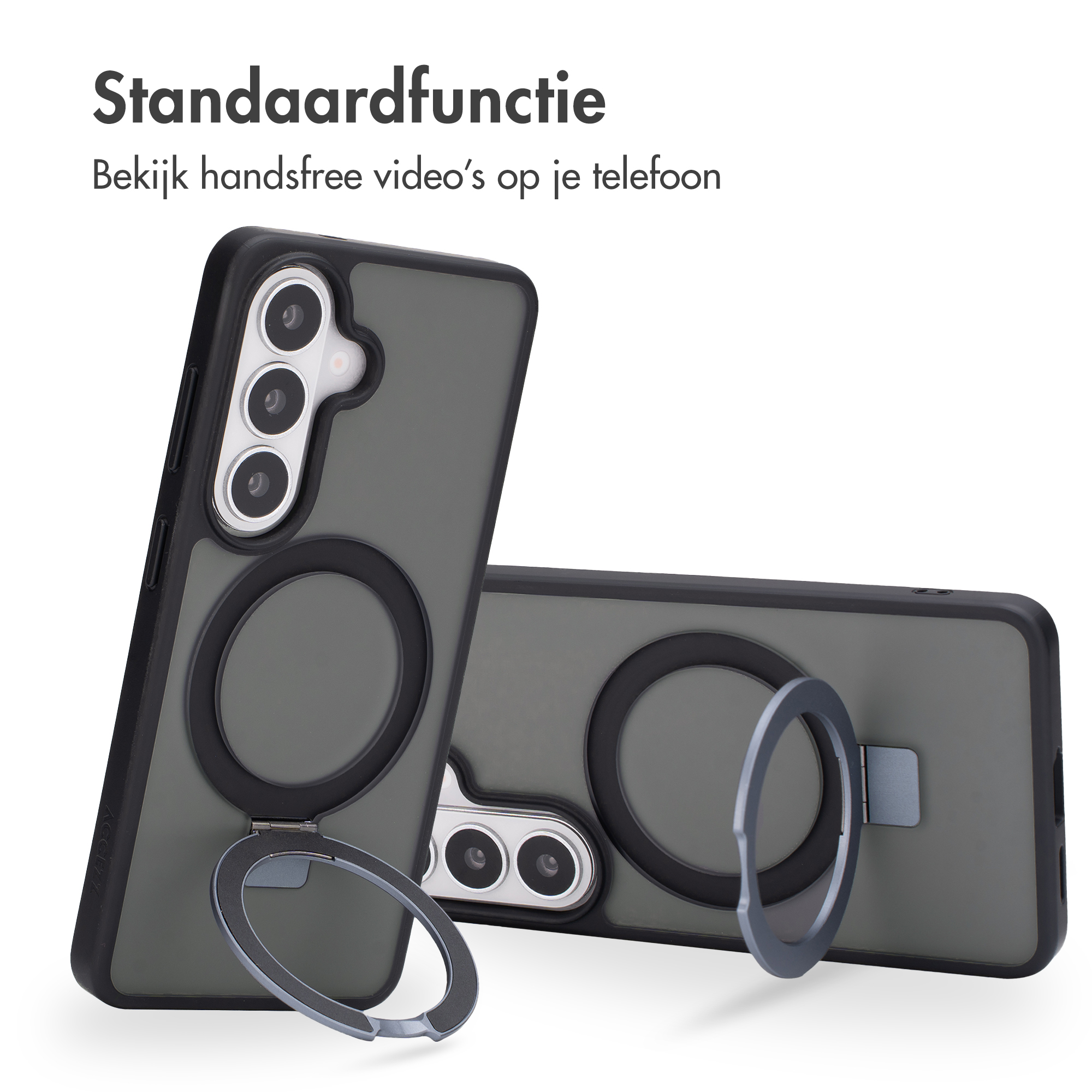 Coque de téléphone grise avec support anneau et triple objectif.