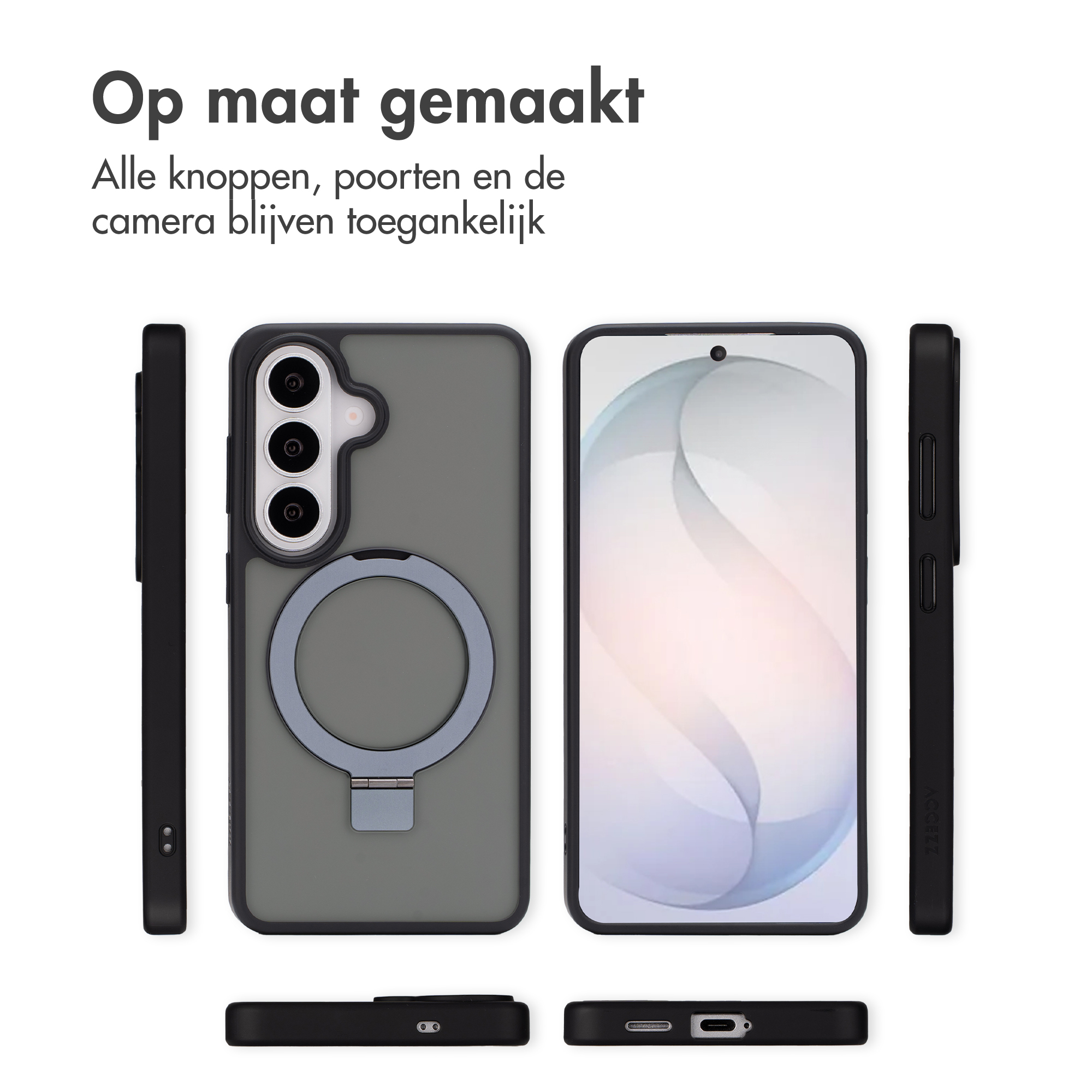 Coque de téléphone verte avec support bague, vues avant, arrière et latérales.