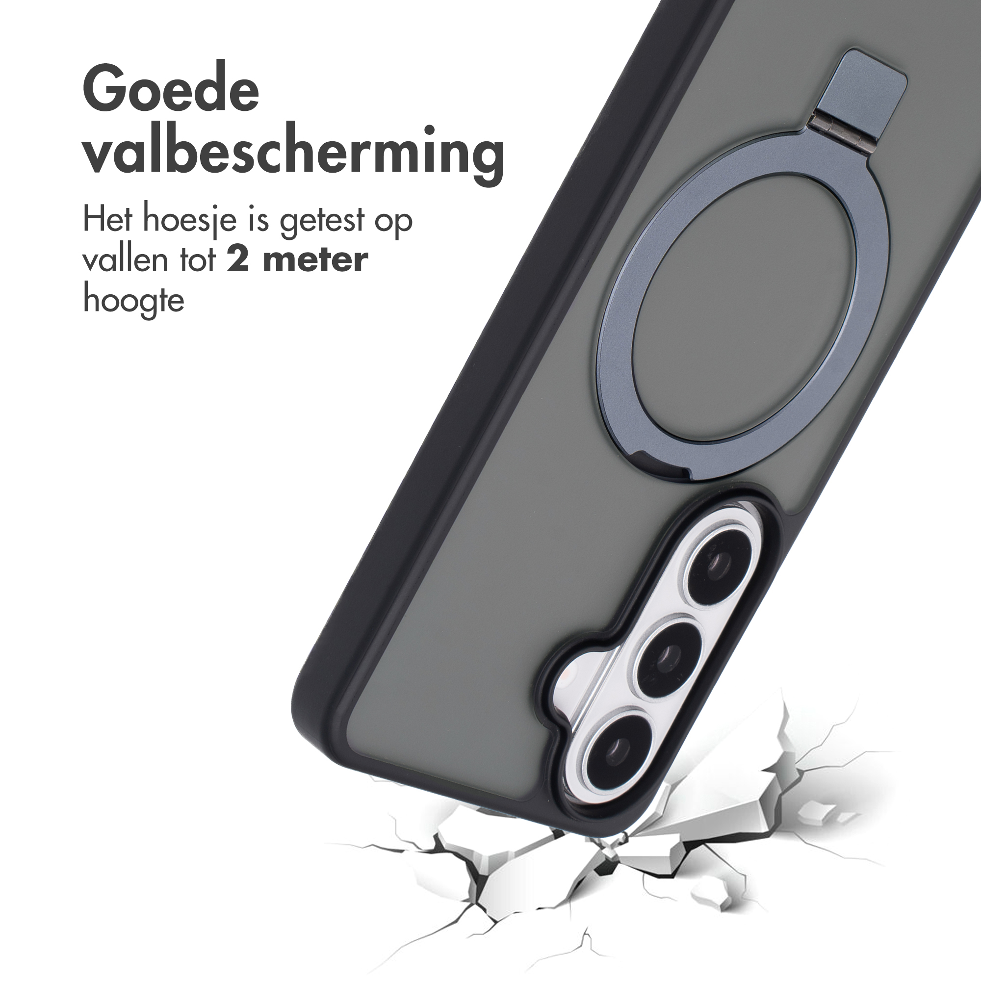 Étui de téléphone gris avec anneau traversant un sol blanc.