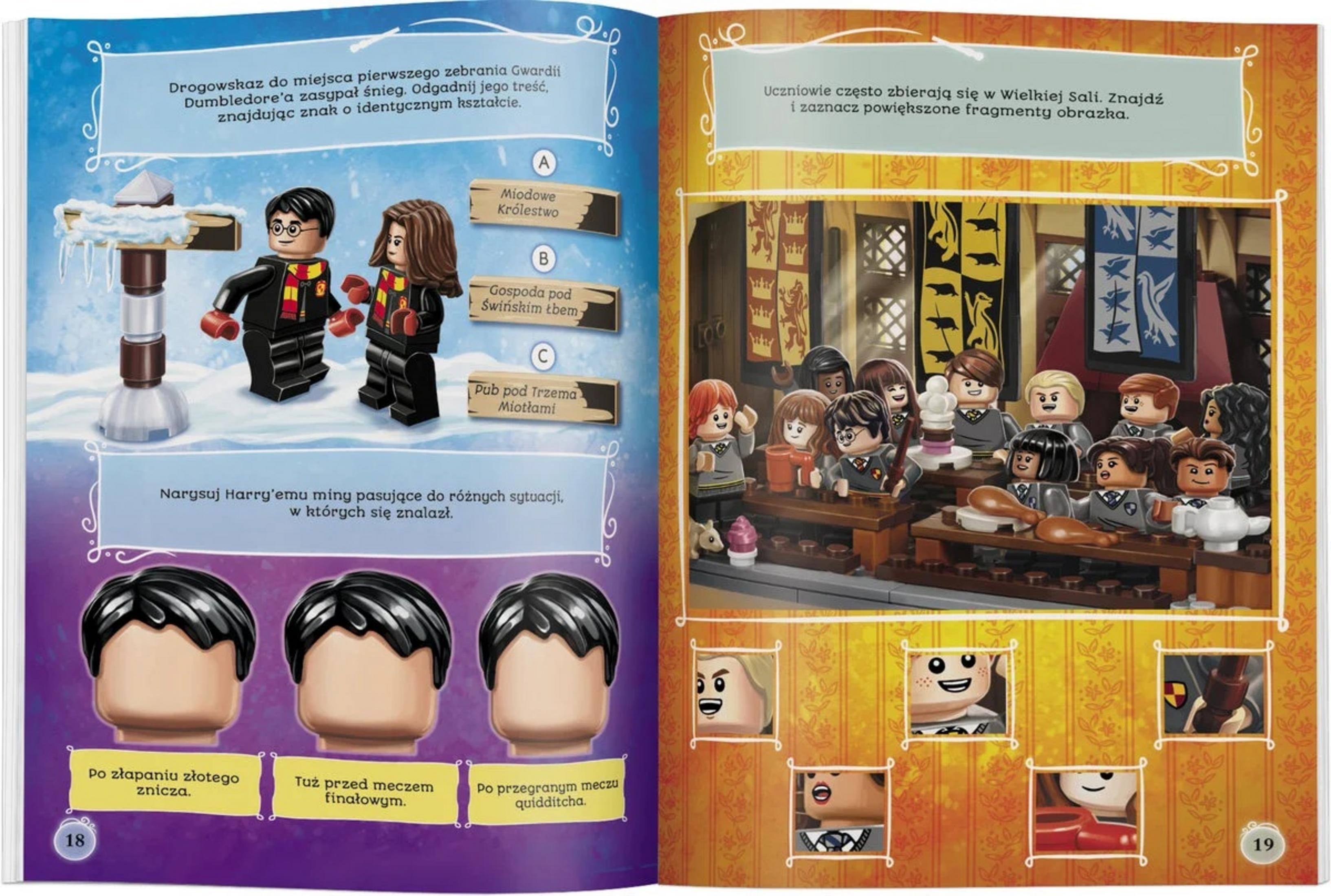 Figurki Lego Harry Potter w ośnieżonym otoczeniu i Wielkiej Sali.