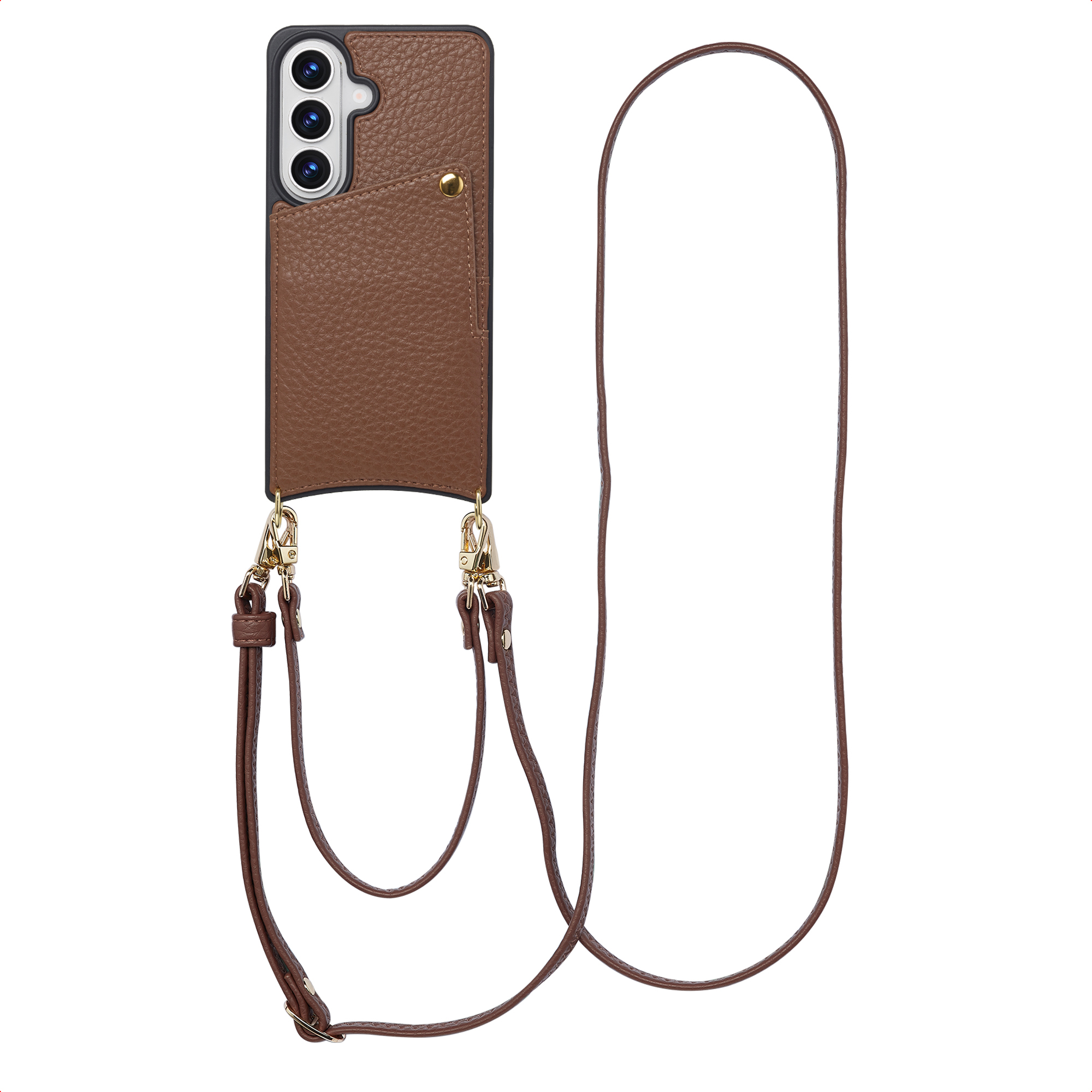 Coque de téléphone en cuir marron avec poche et dragonne. Fond blanc.