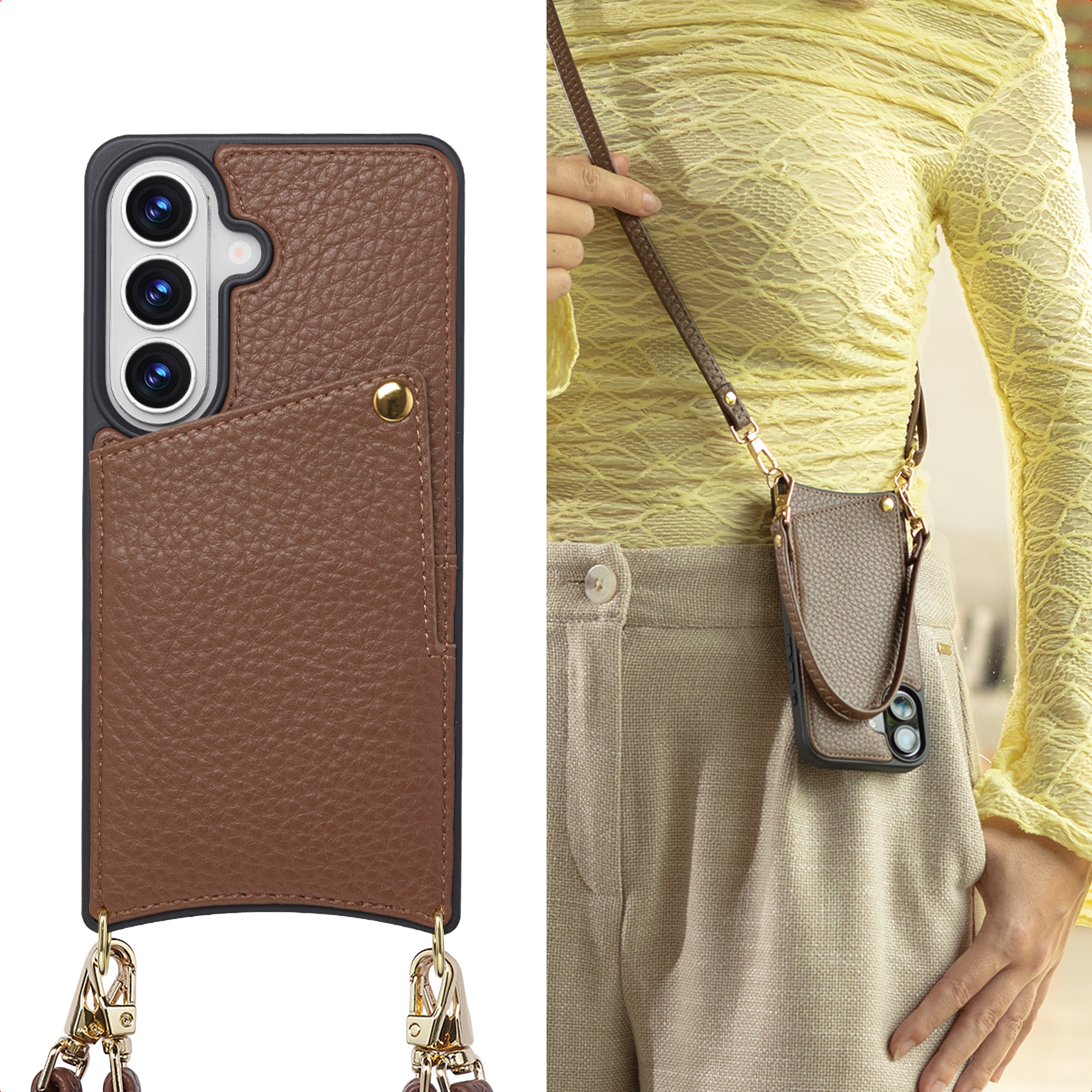 Coque de téléphone marron avec porte-cartes et lanière, portée par une personne en haut jaune.