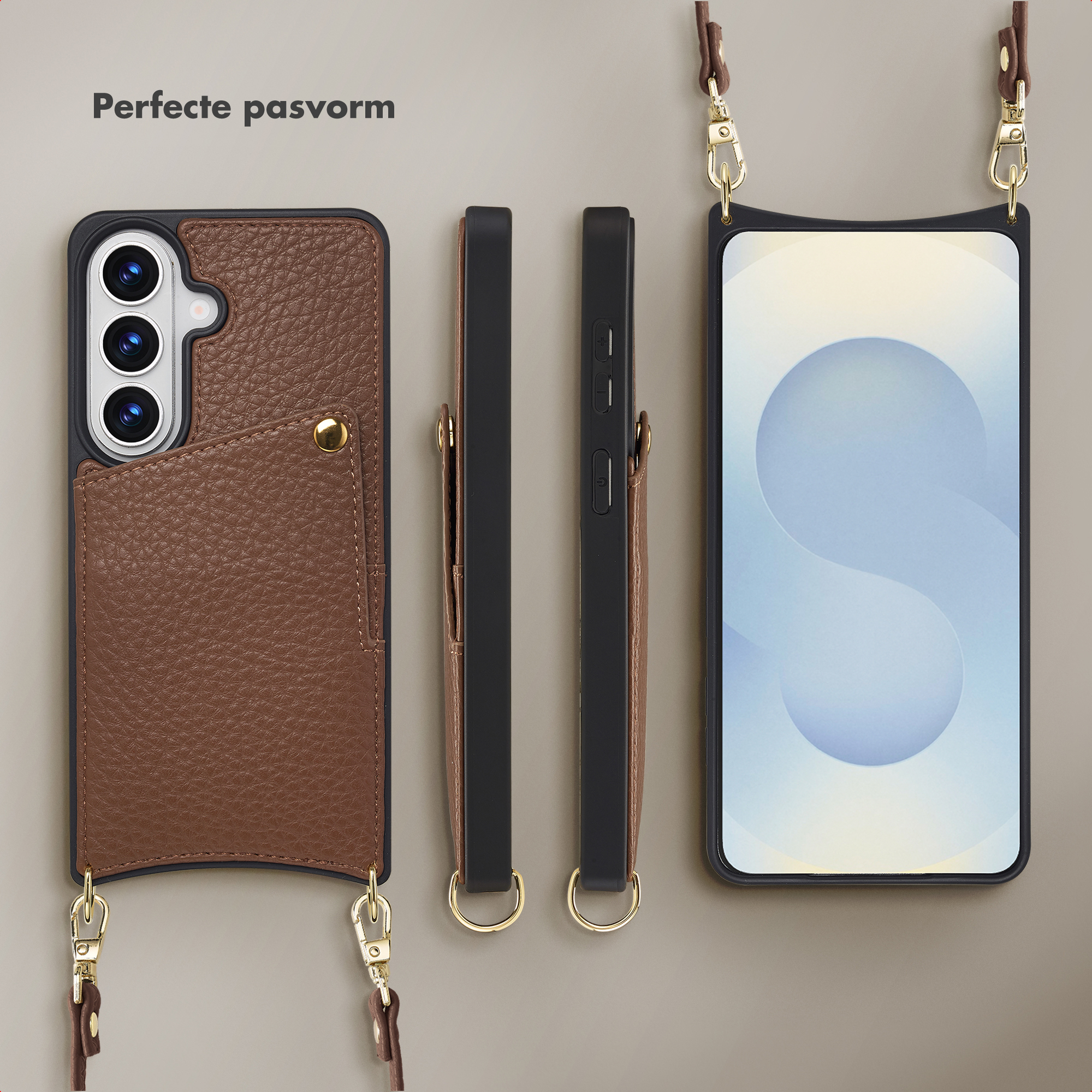 Étui de téléphone en cuir marron avec découpe caméra et poche carte, vue latérale.