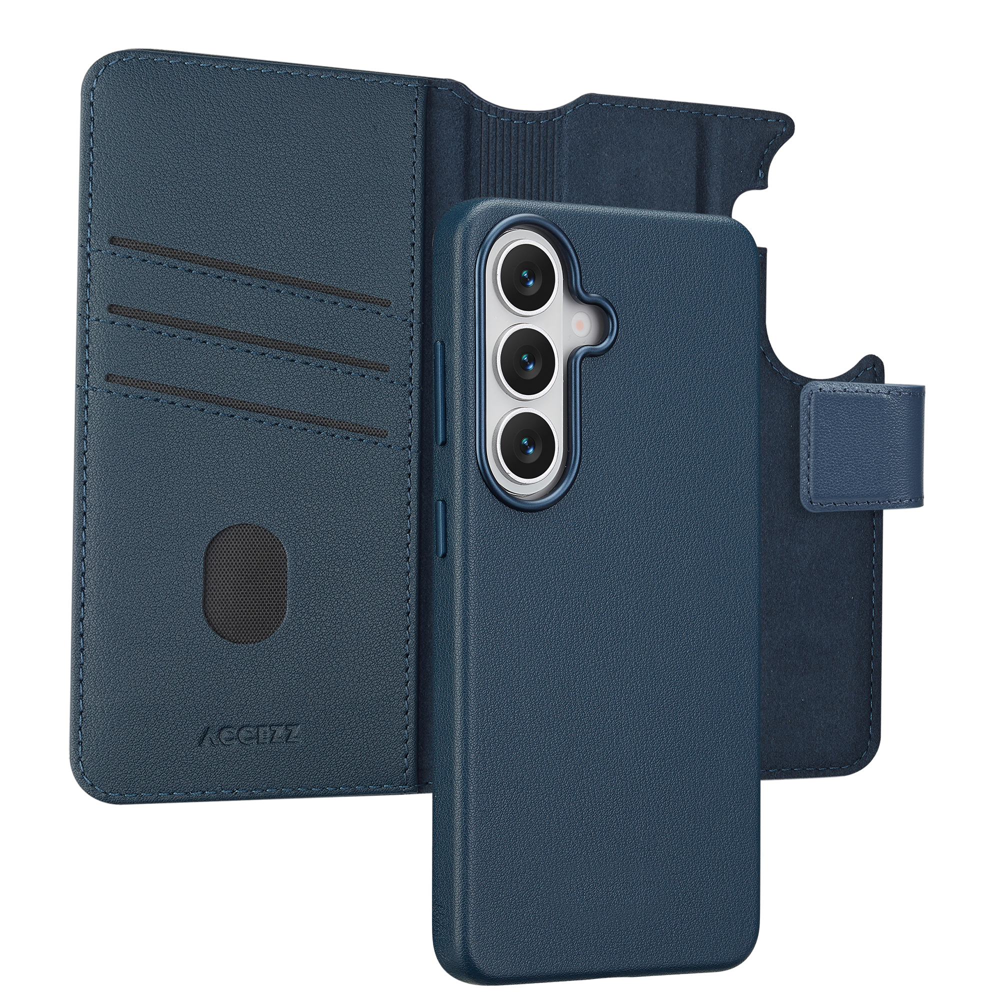 Donkerblauwe telefoonhoes met kaartsleuven en magnetische sluiting.
