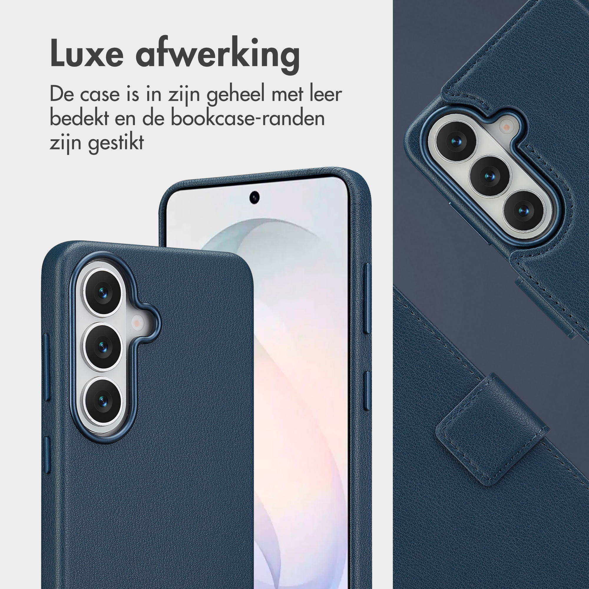 Donkerblauwe leren telefoonhoes met drie cameralenzen en stiksels.