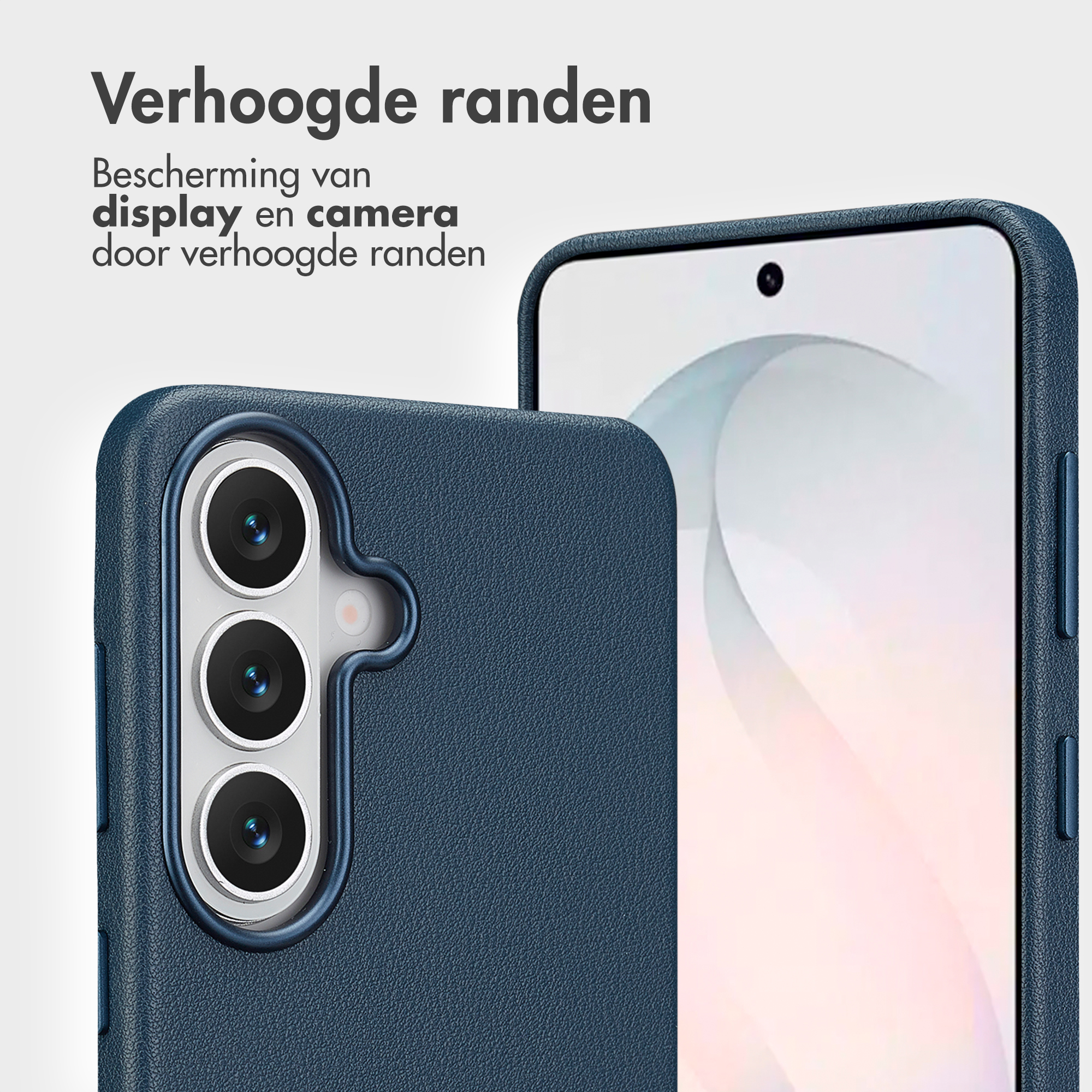 Donkerblauwe telefoonhoes met verhoogde randen voor camera en display.