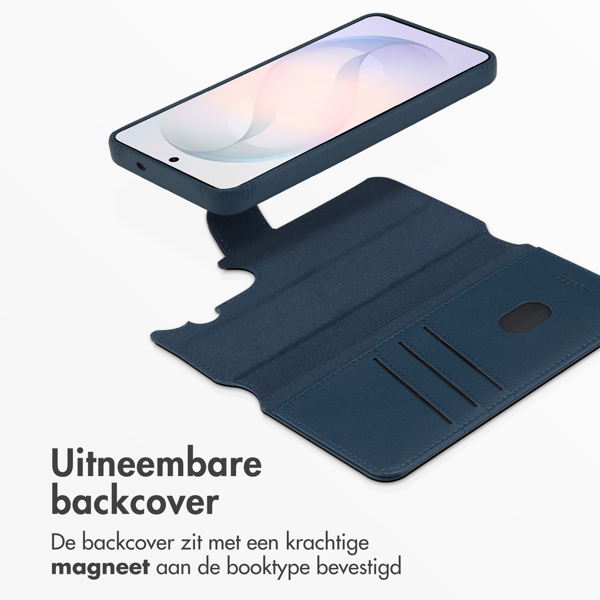 Een blauwe smartphone met afneembare backcover en portemonneehoes.