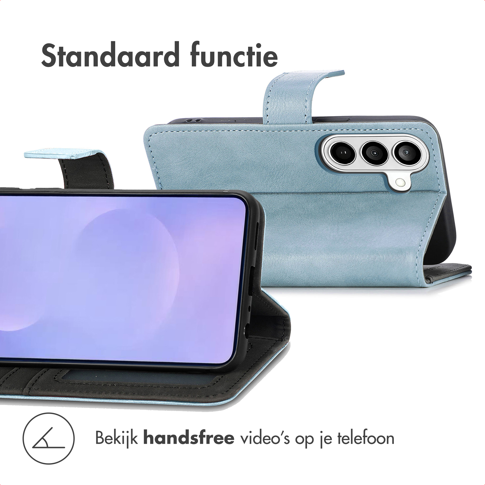 Een lichtblauwe flip case voor telefoon met scherm en camera.