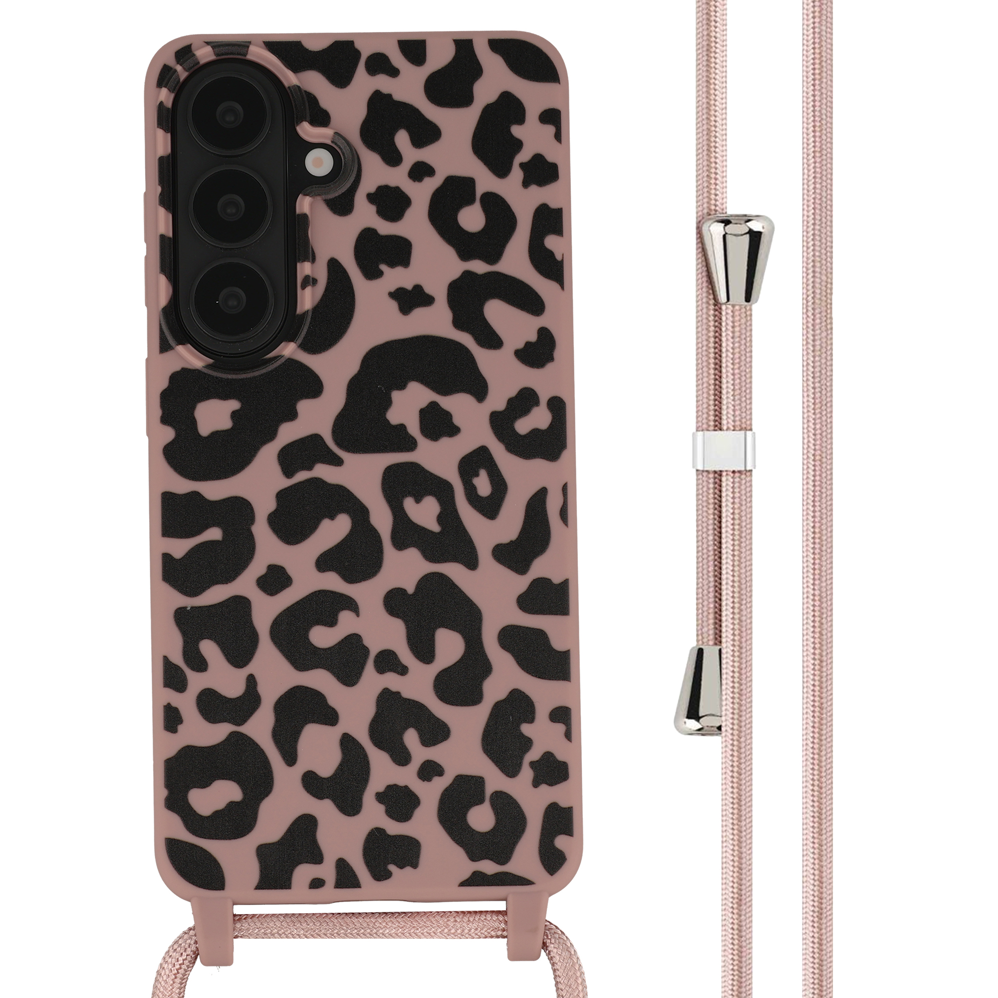 Een roze telefoonhoes met luipaardprint en draagkoord.