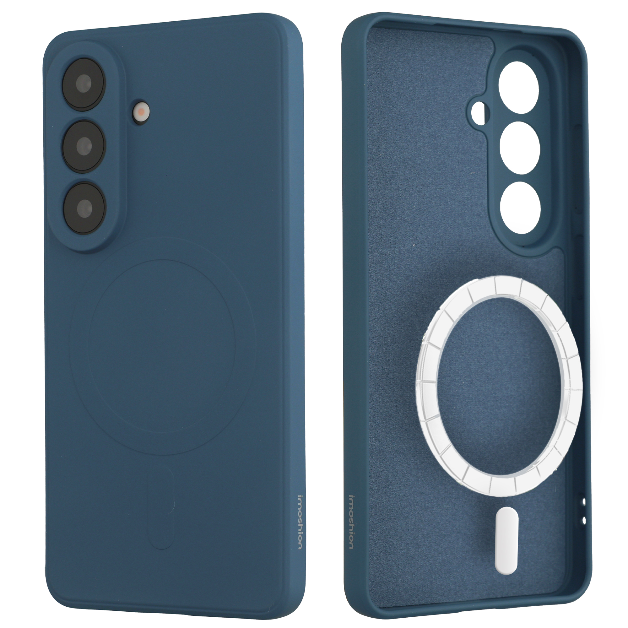 Donkerblauwe telefoonhoes met drie cameralenzen en magneetring.