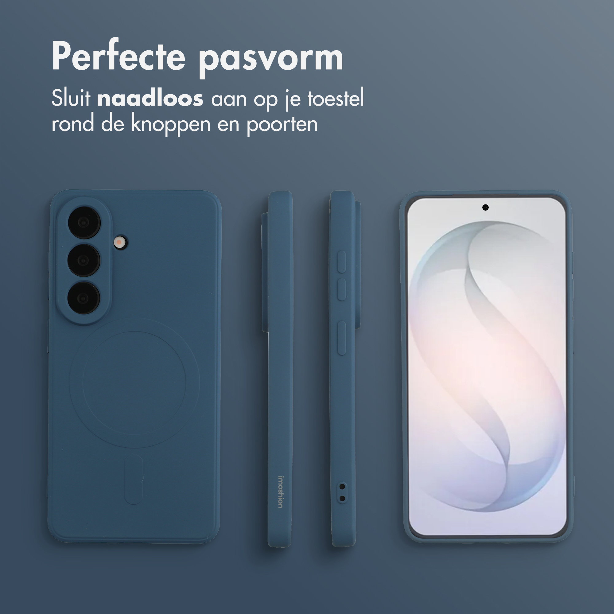 Blauw telefoonhoesje met drie camera's en een scherm.