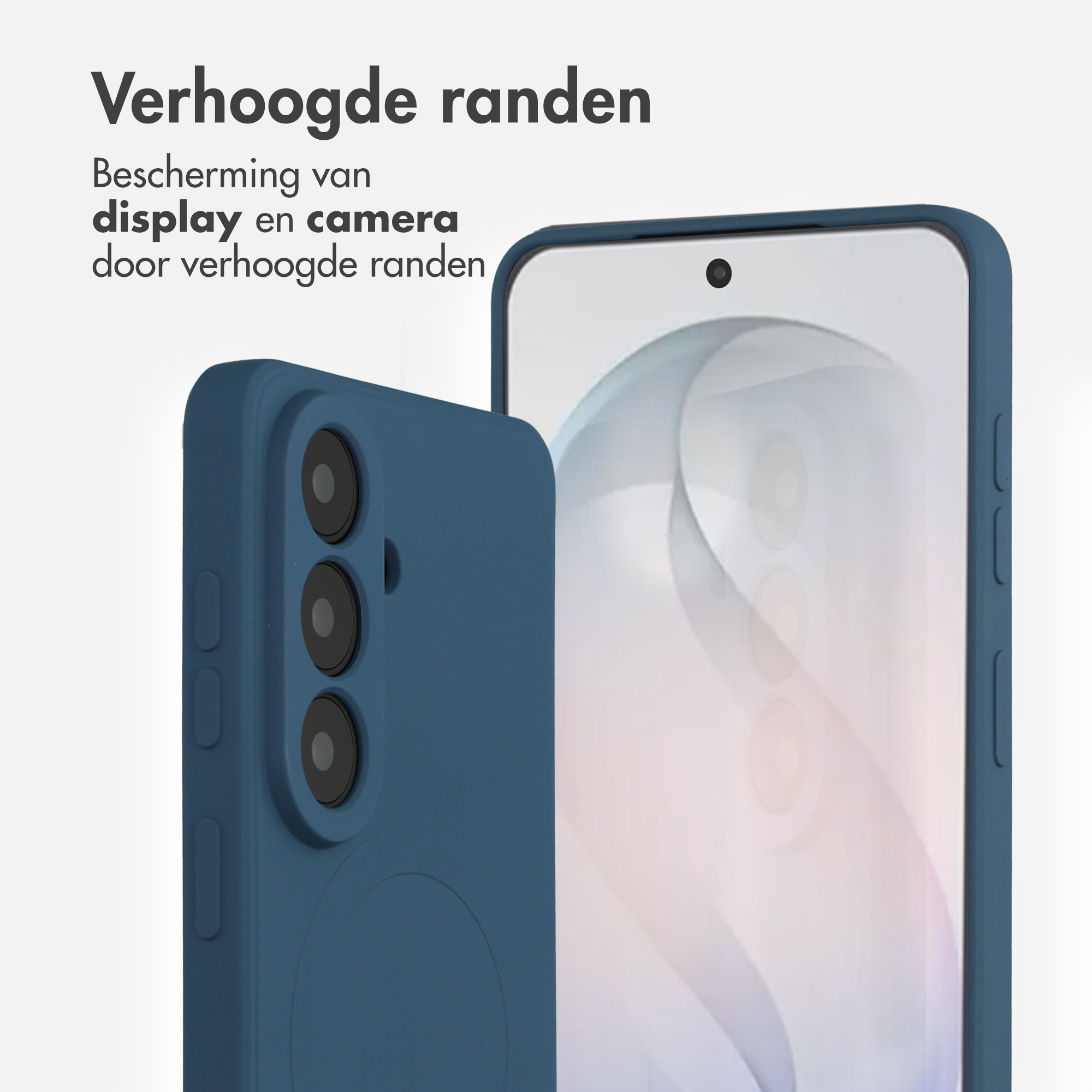 Blauw telefoonhoesje met verhoogde randen voor display- en camerabescherming.