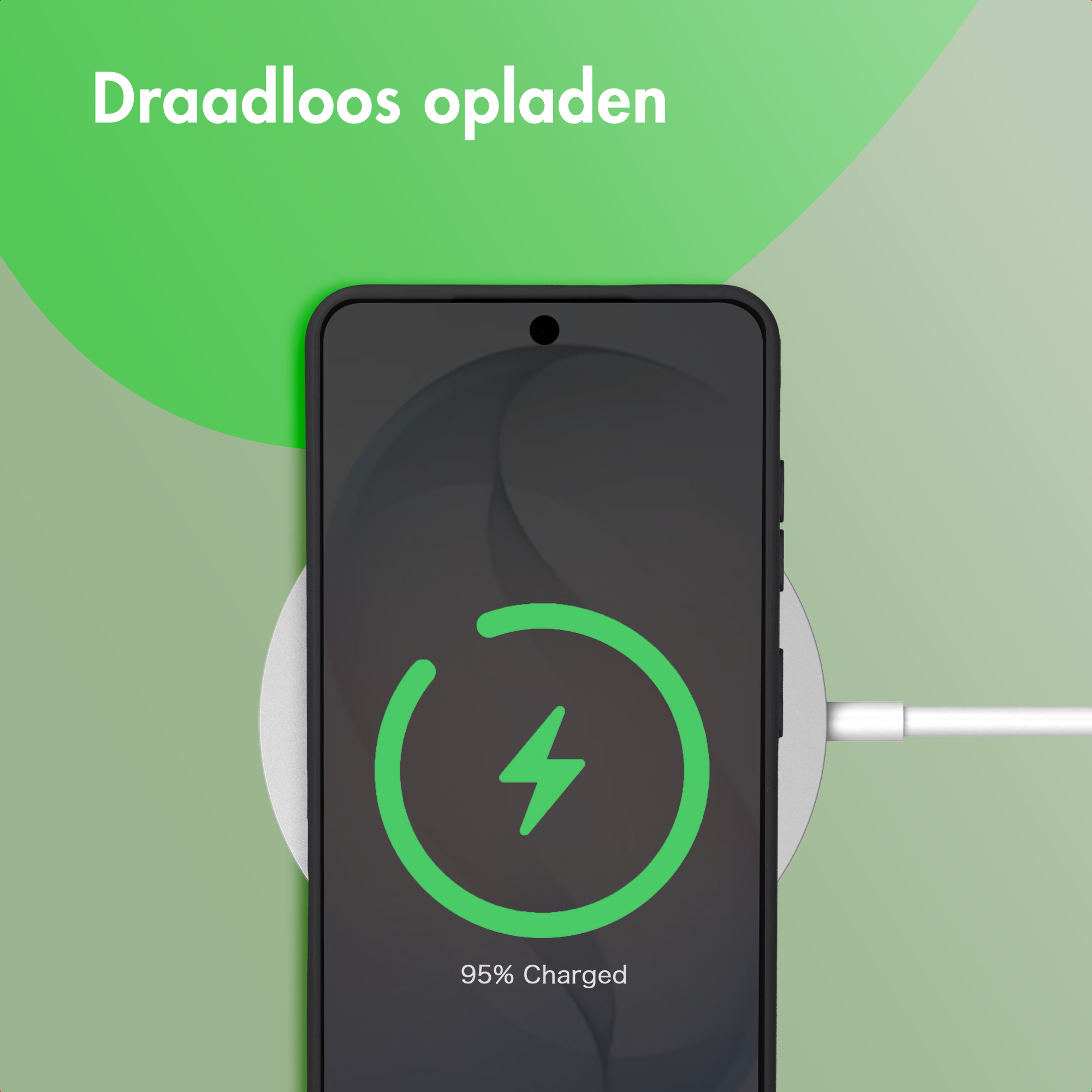 Een smartphone wordt draadloos opgeladen, 95% vol.