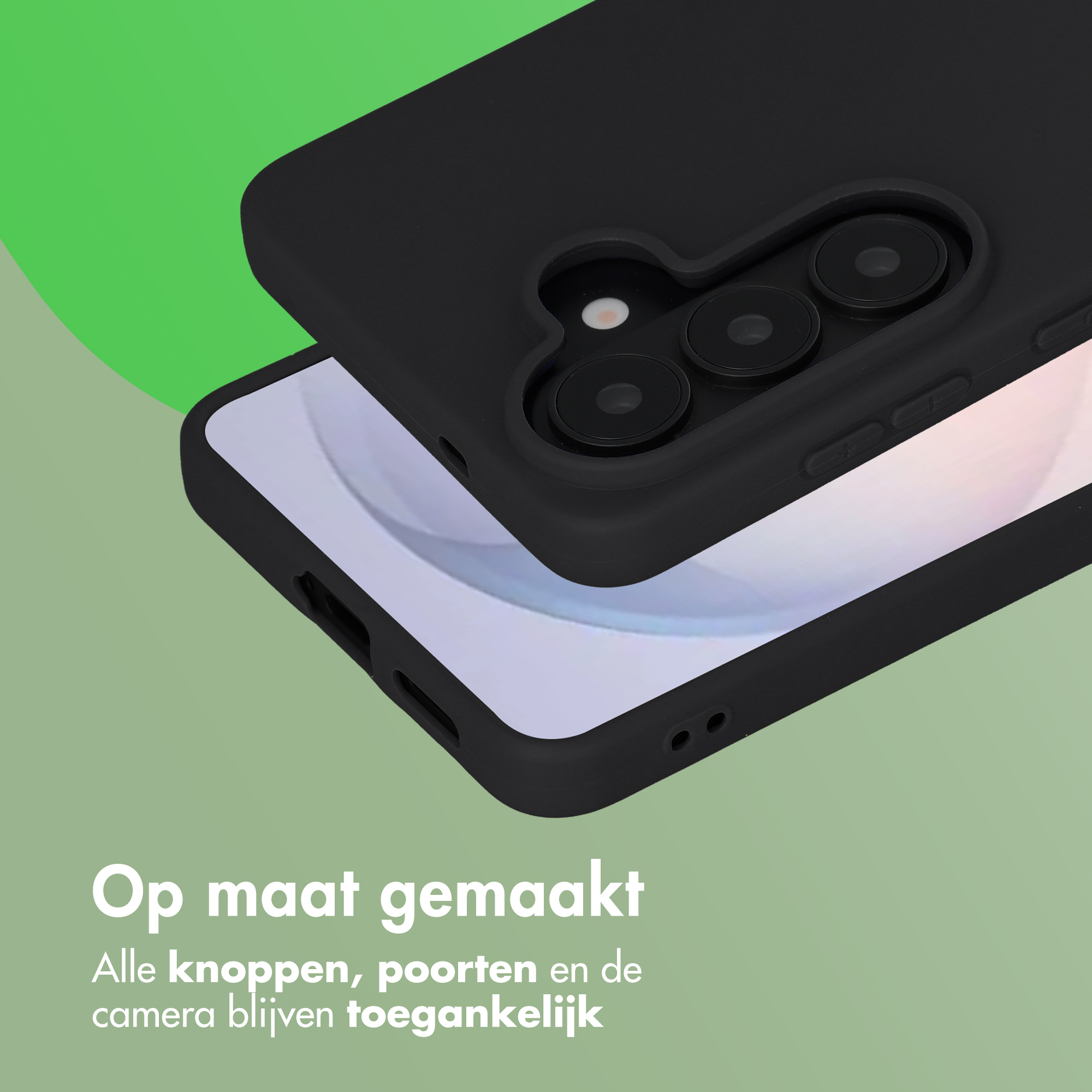 Zwarte telefoonhoes over smartphone met cameralenzen. Lichtgroene achtergrond.