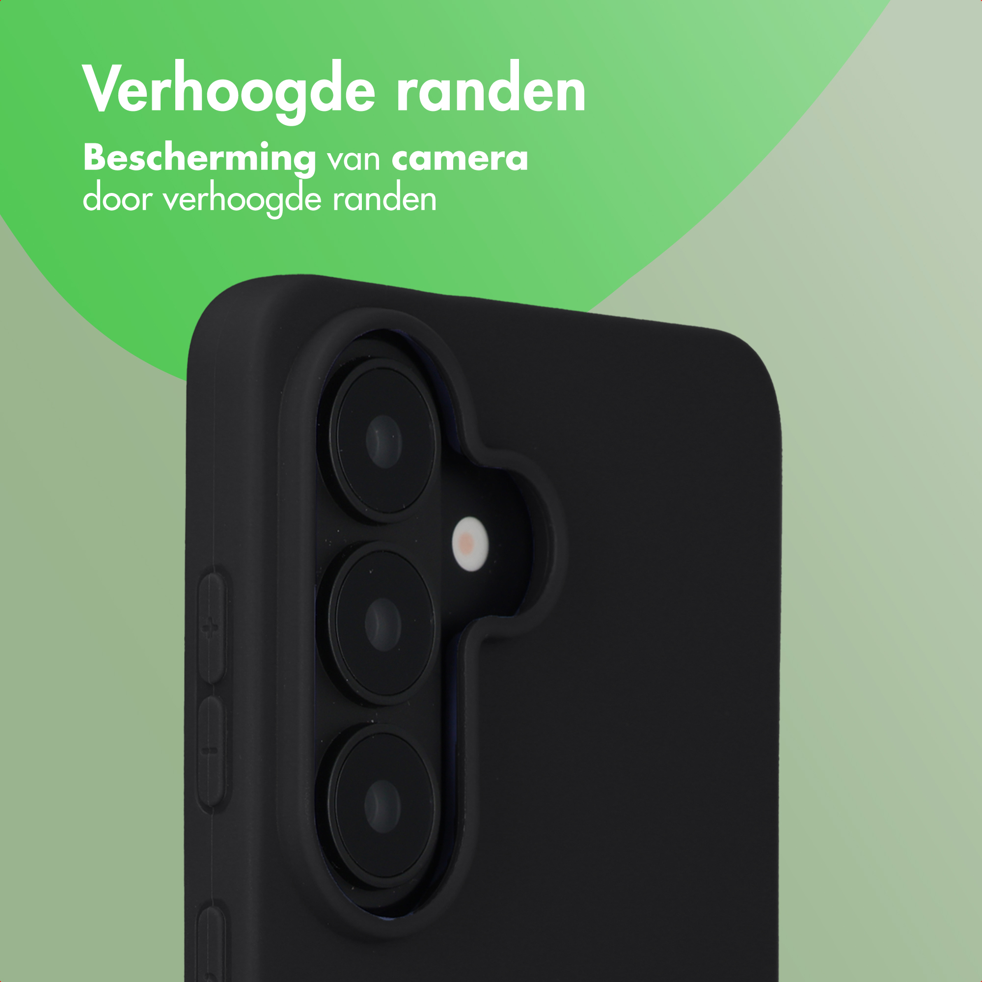 Zwarte telefoonhoes met verhoogde randen en cameraprojectie.