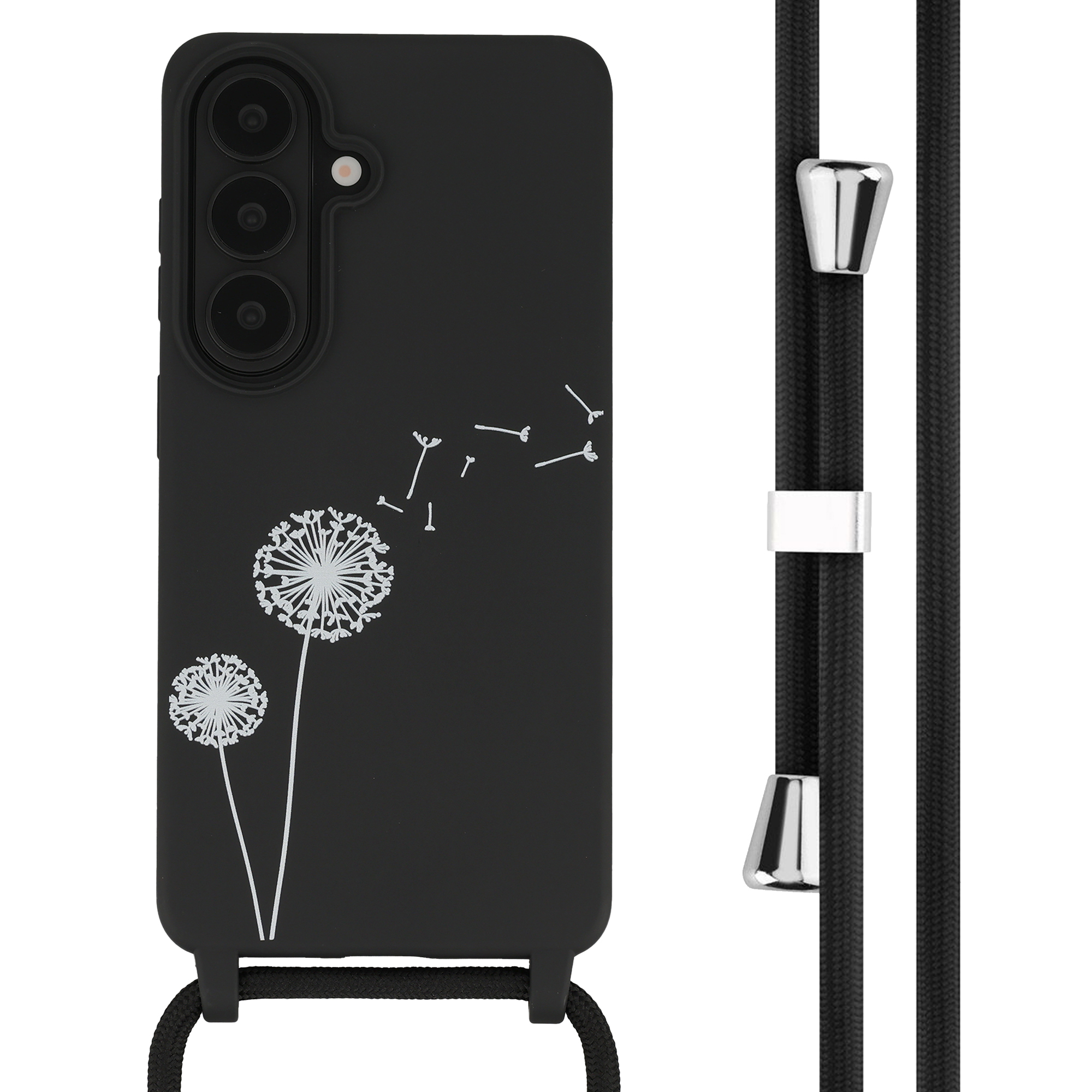Coque de téléphone noire avec motif pissenlit blanc et dragonne.