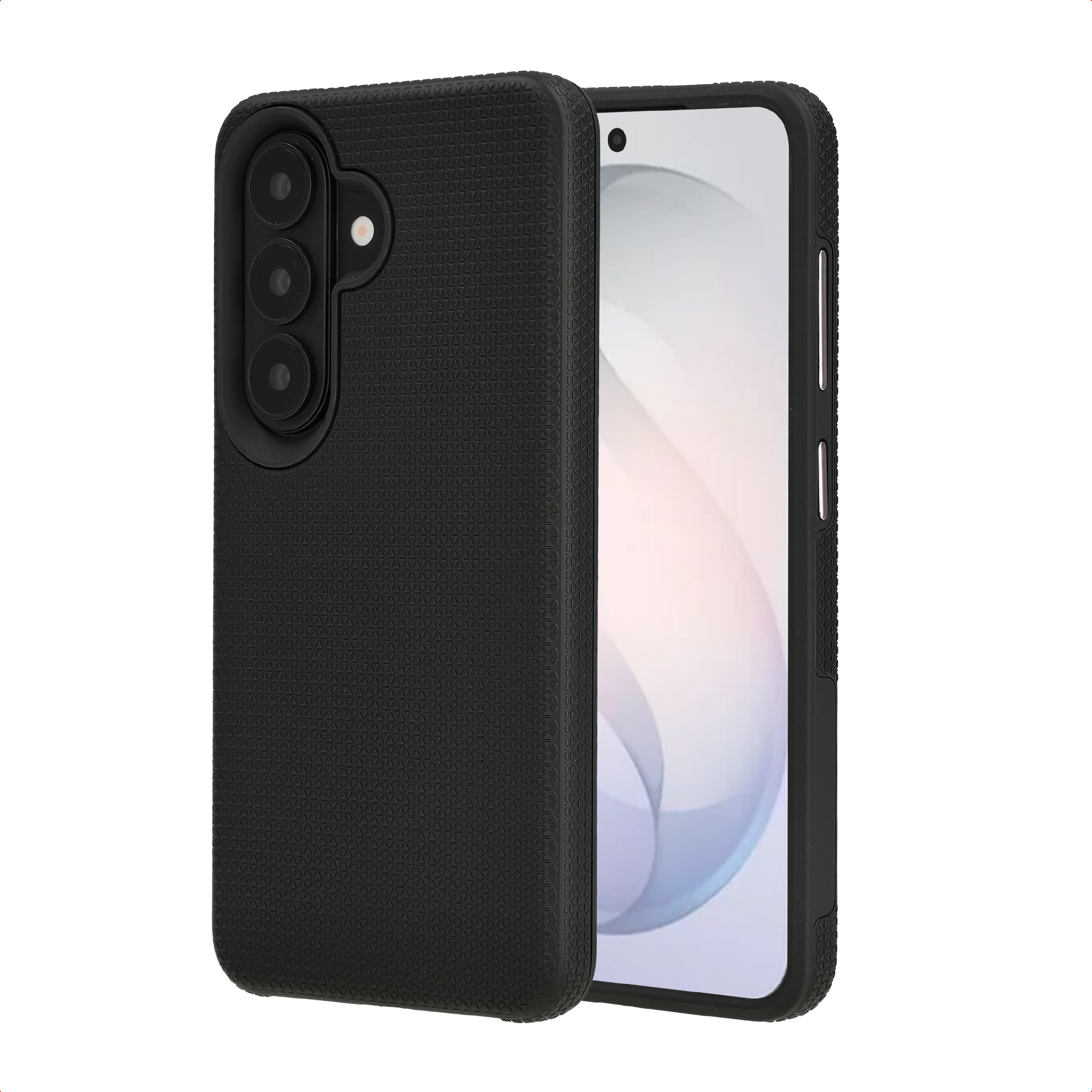 Coque de téléphone noire avec découpe triple appareil photo à côté d'un smartphone.