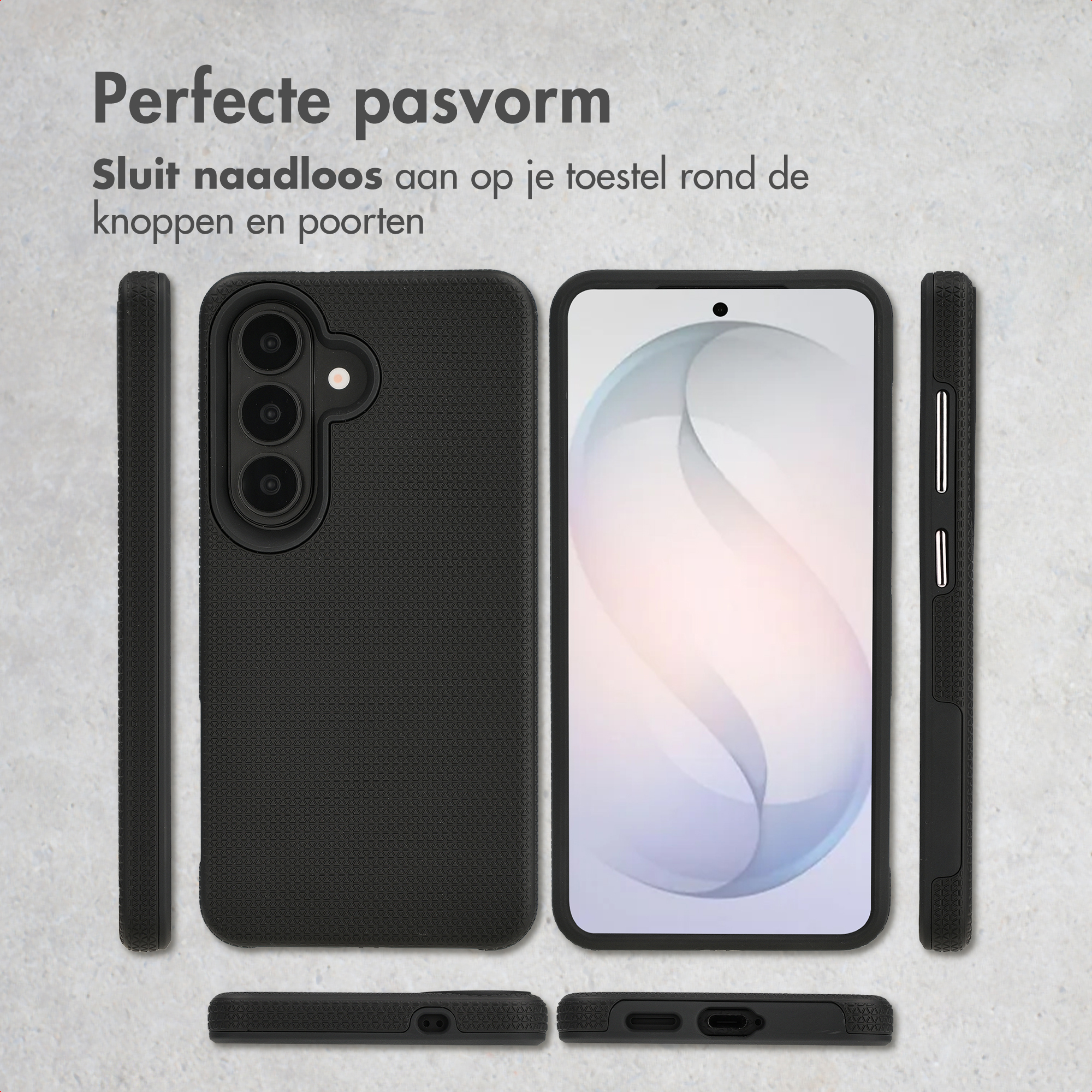 Coque de téléphone noire avec protection caméra et boutons latéraux. Ajustement parfait.