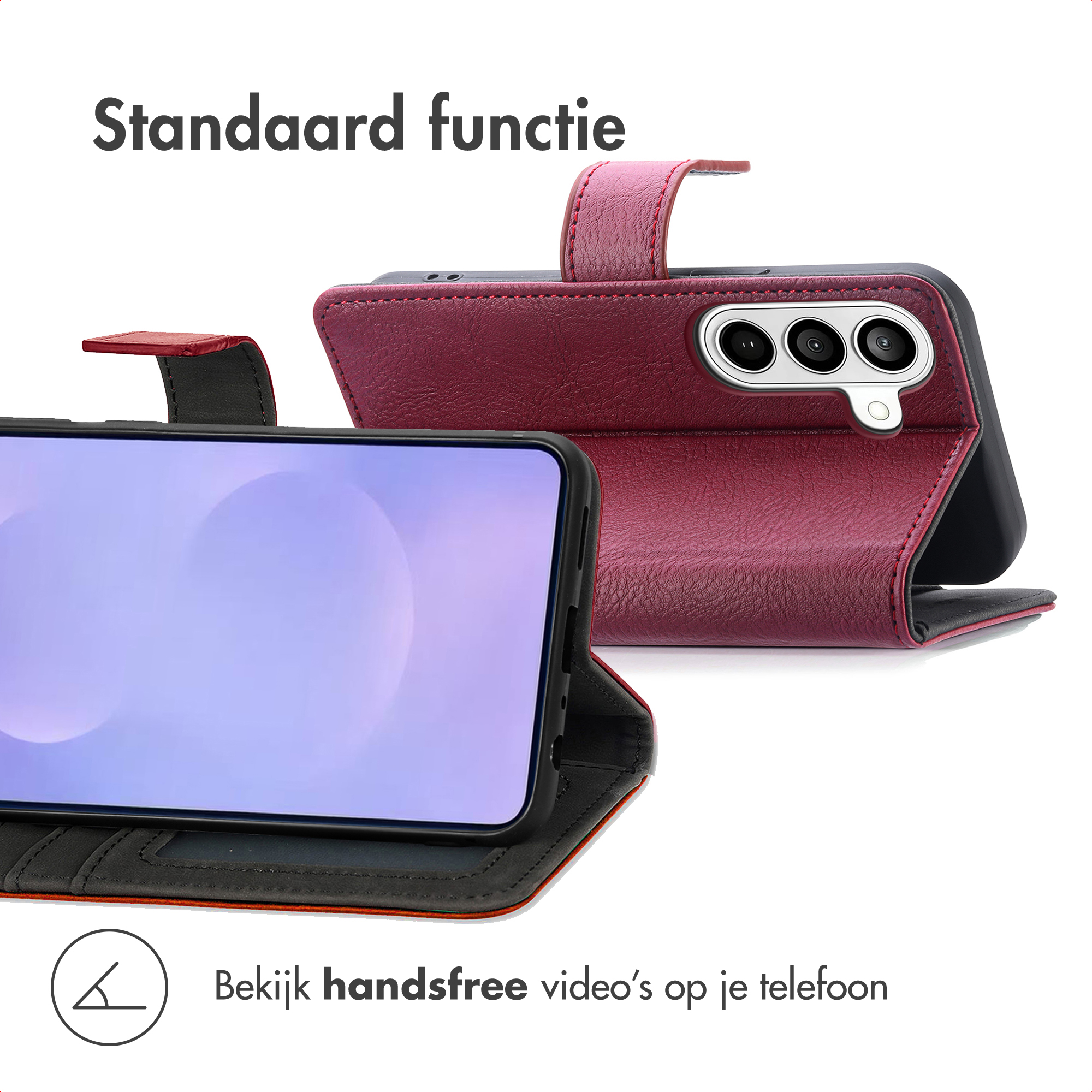 Een donkerrode telefoonhoes met standaardfunctie en camerauitsparing.