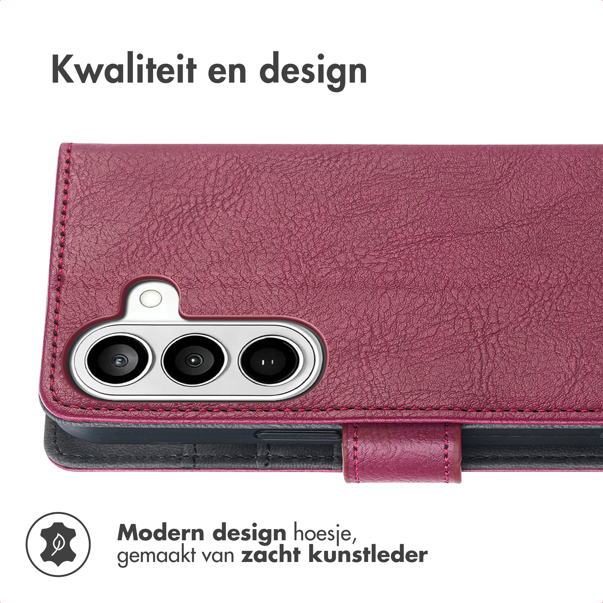 Een pruimkleurige kunstlederen telefoonhoes met camerauitsparing.