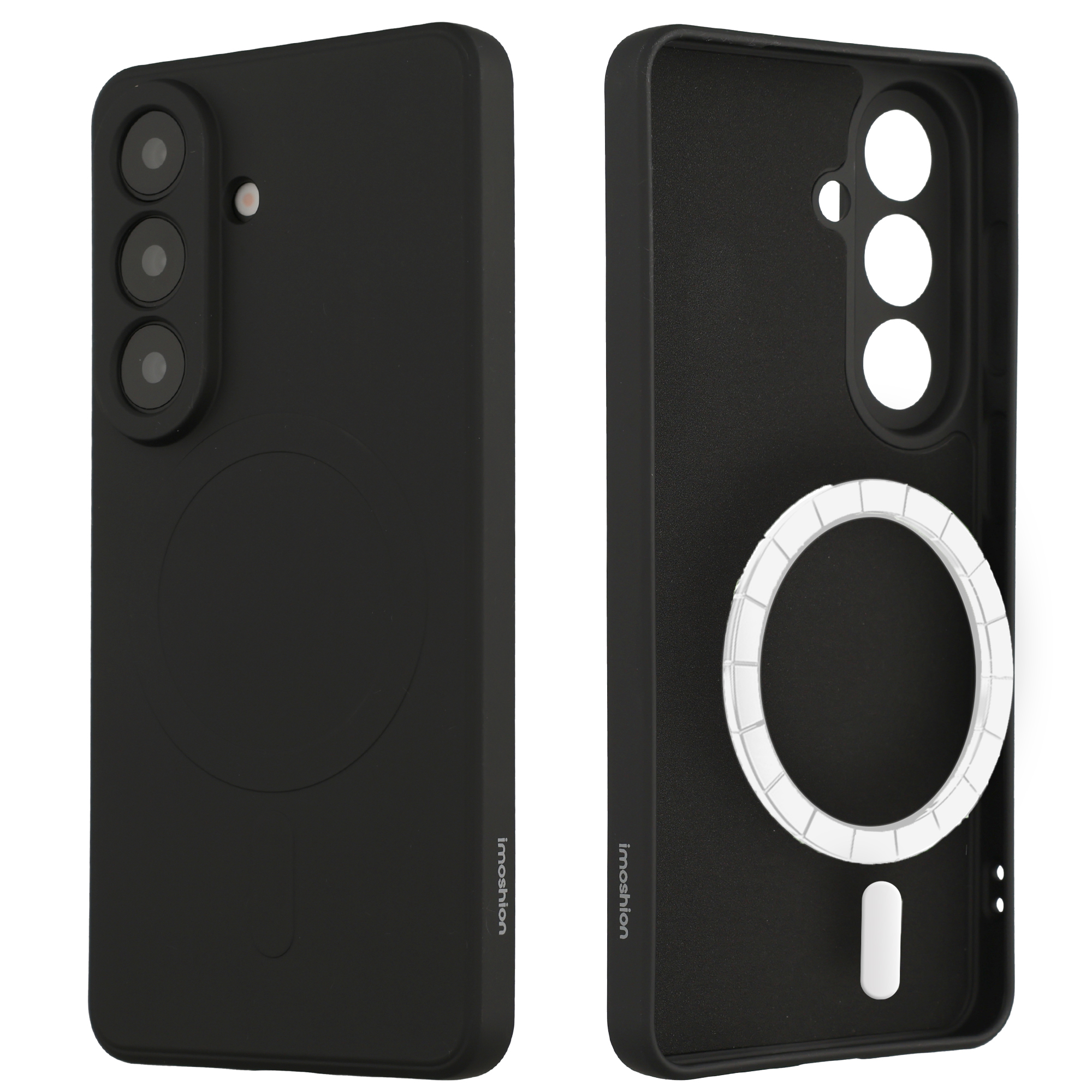 Coque de téléphone noire avec découpe caméra et anneau blanc.