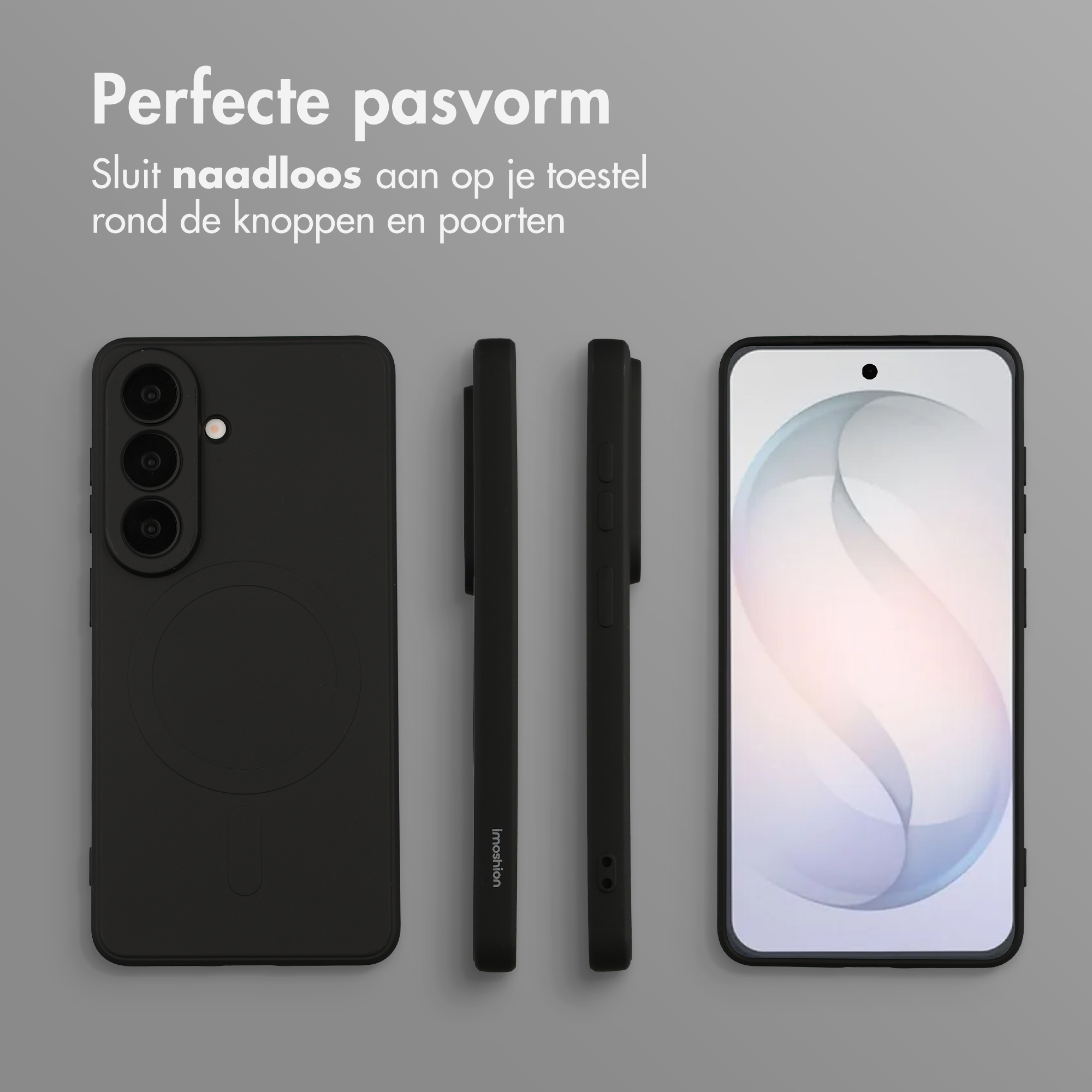 Une coque de smartphone noire vue de face, de côté et avec l'écran allumé.