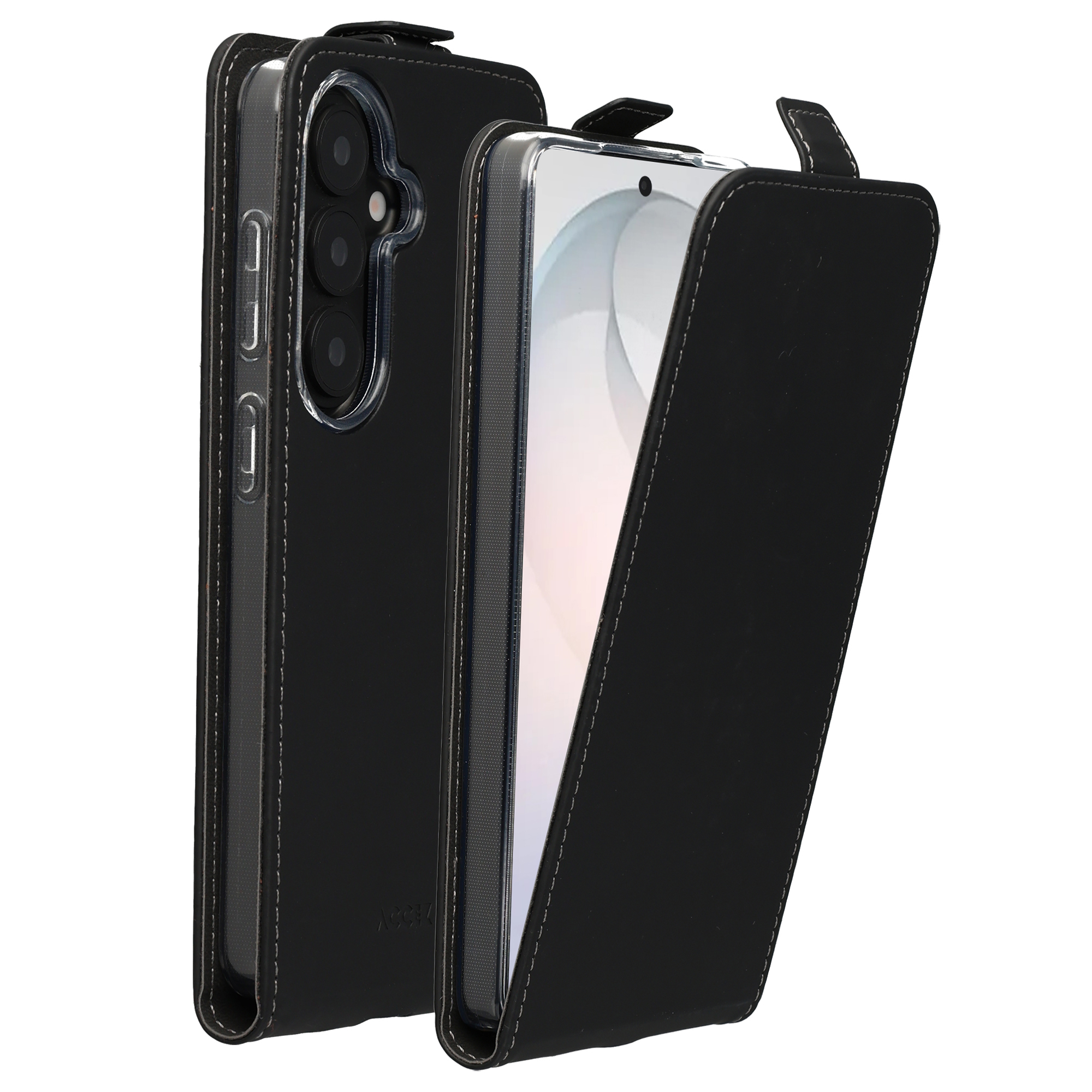 Zwarte leren flip case voor smartphone, aan één kant open.