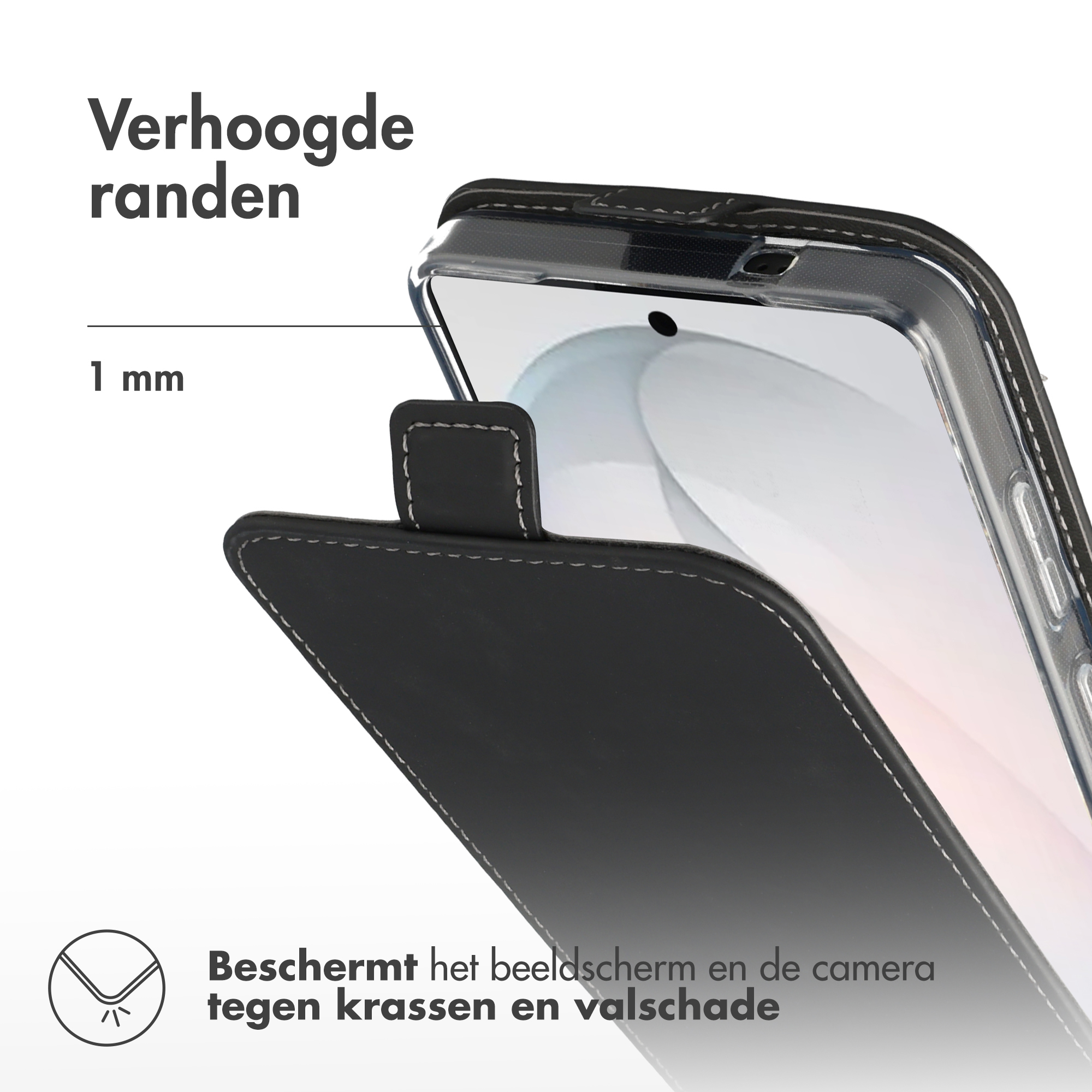 Zwarte telefoonhoes met verhoogde randen ter bescherming.
