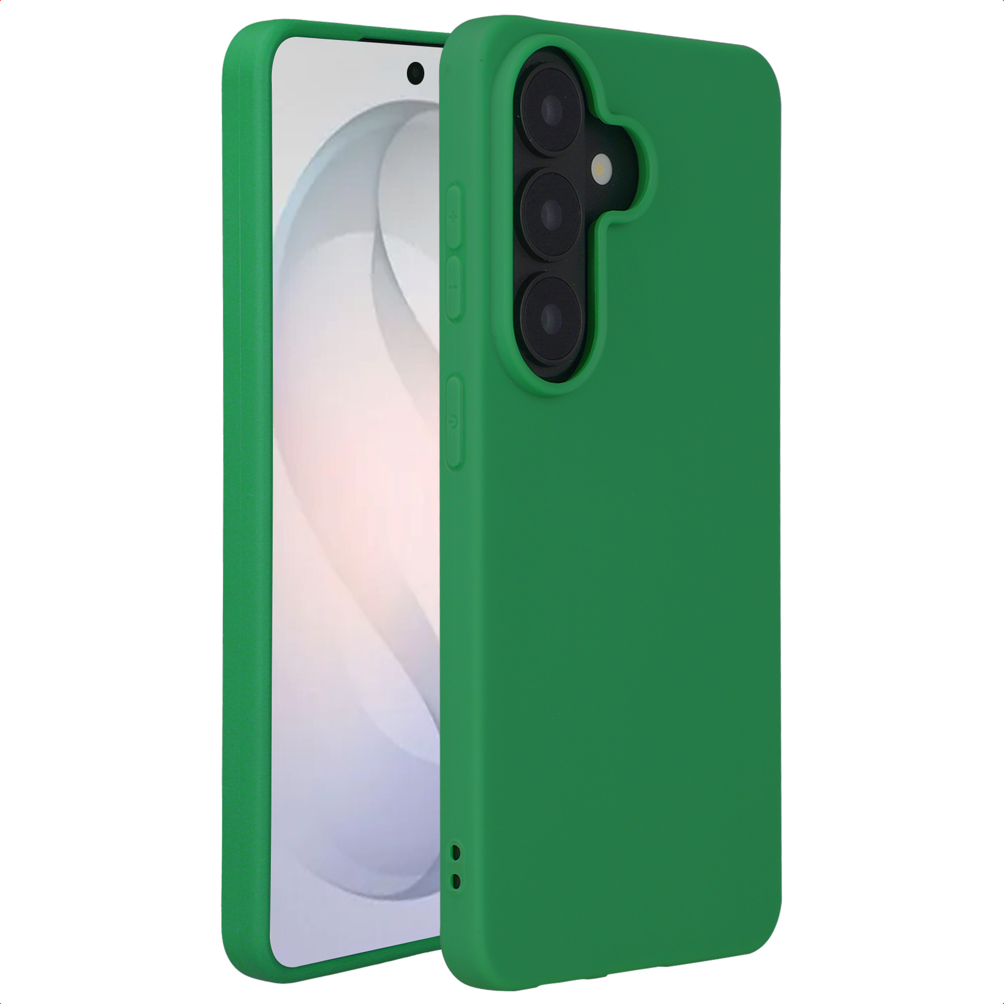 Coque de téléphone verte avec trois objectifs et flash. L'écran est visible.