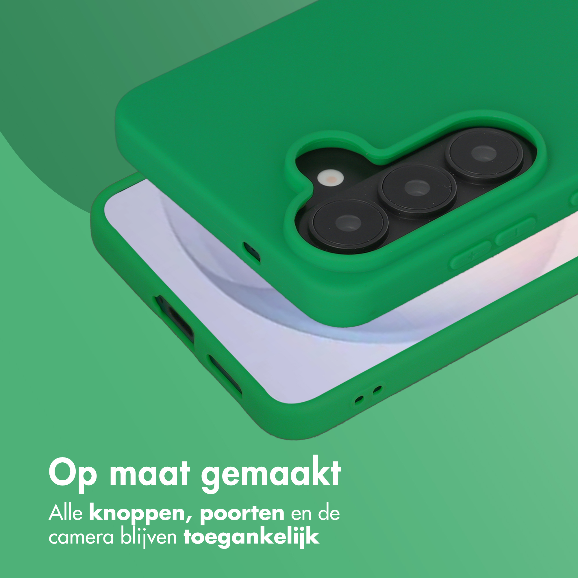 Coque de téléphone verte avec module caméra et boutons. Texte sur image.