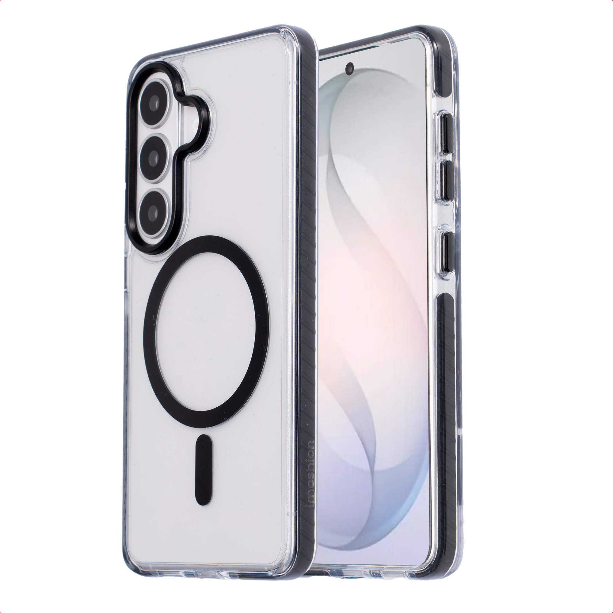 Een doorzichtige telefoonhoes met magneetring en drie cameralenzen.