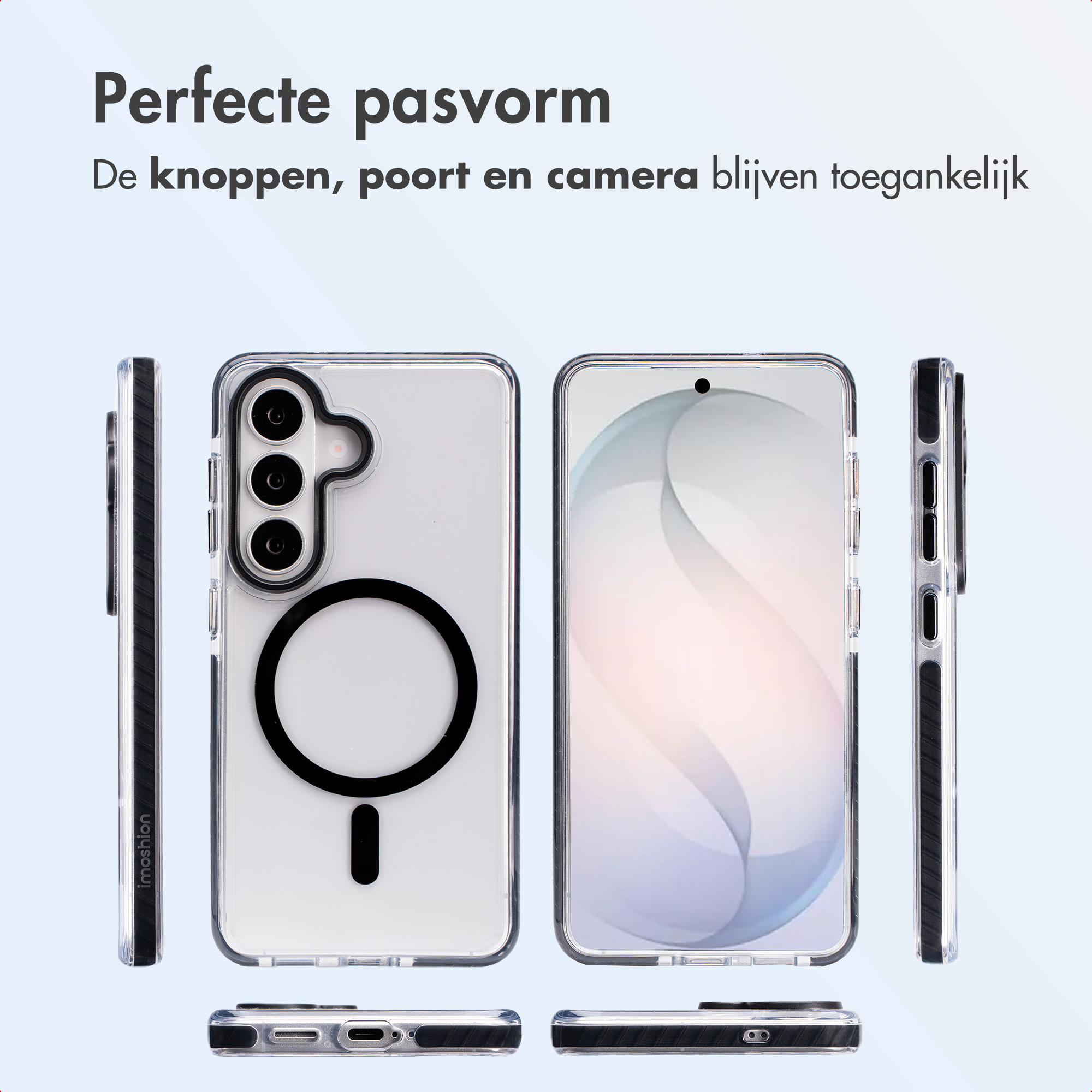 Transparante telefoonhoes met MagSafe-ring en camera-uitsparing. Toont telefoon.